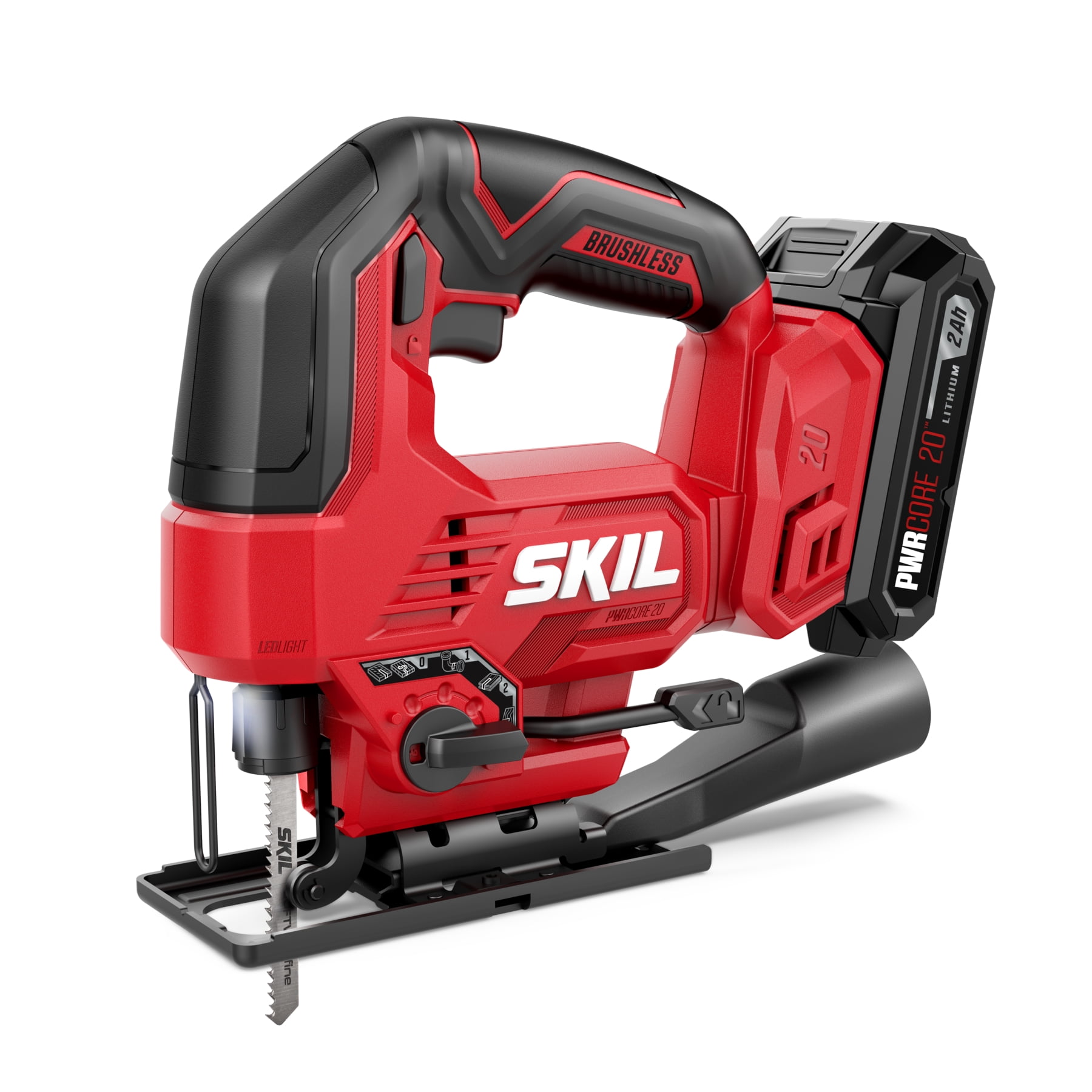 SKIL PWR CORE 20V Brushless Cordless Jigsaw Kit with 2.0Ah Battery and Charger (Red, 1 Kit) qbf0r