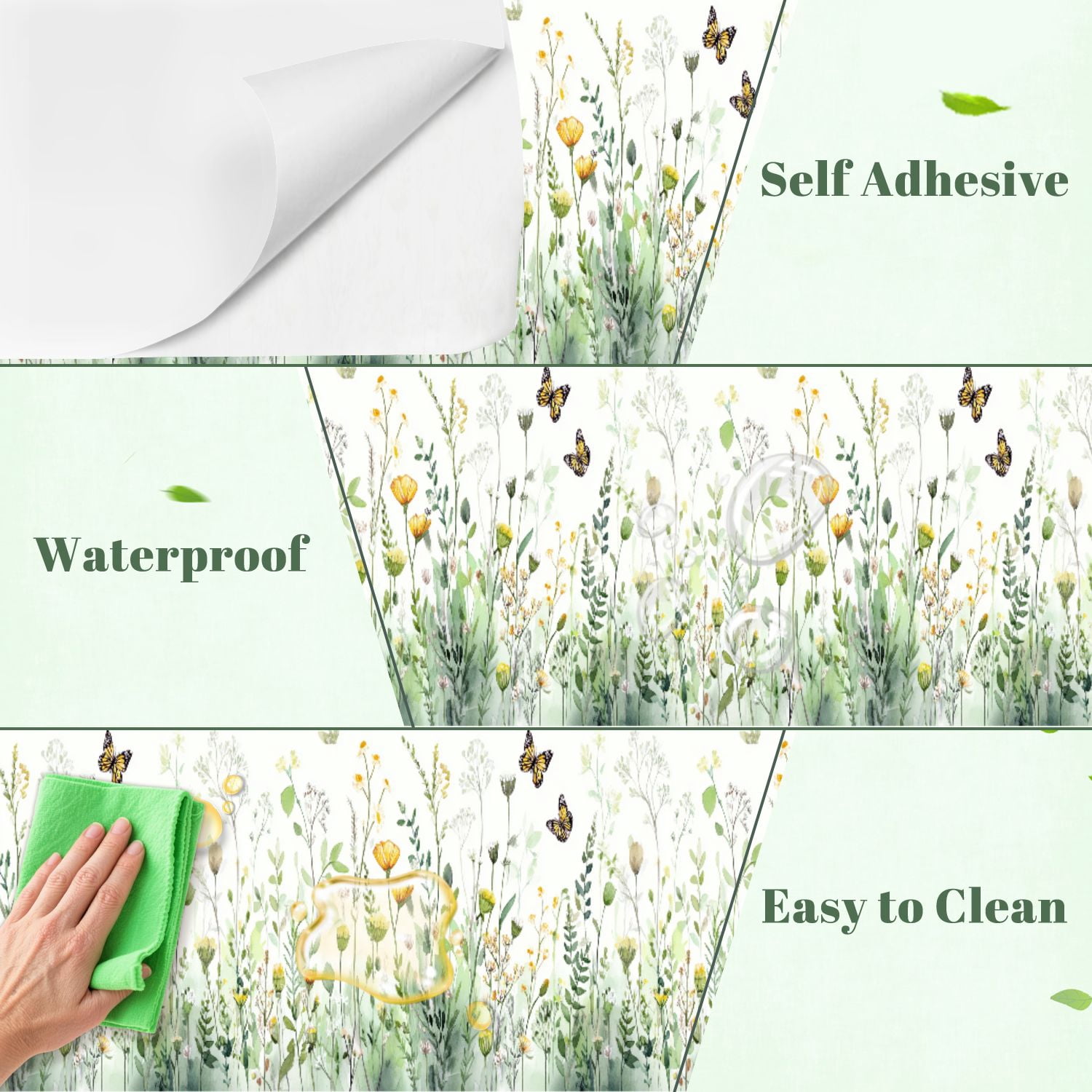 VETEB Peel and Stick Wallpaper Floral Abstract Yellow Flowers and Green Leaves (Yellow, 24 in x 118 in) kqroo