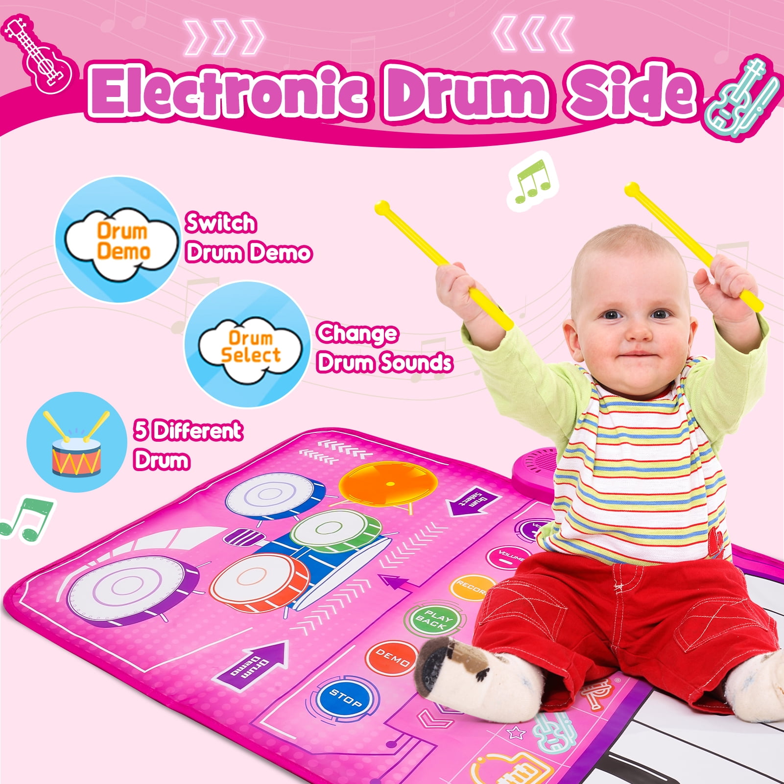 Dreamingbox Musical Piano Mat for Toddlers, Interactive Keyboard and Drum Floor Play Mat (Pink, 39 in x 14 in) kr23y