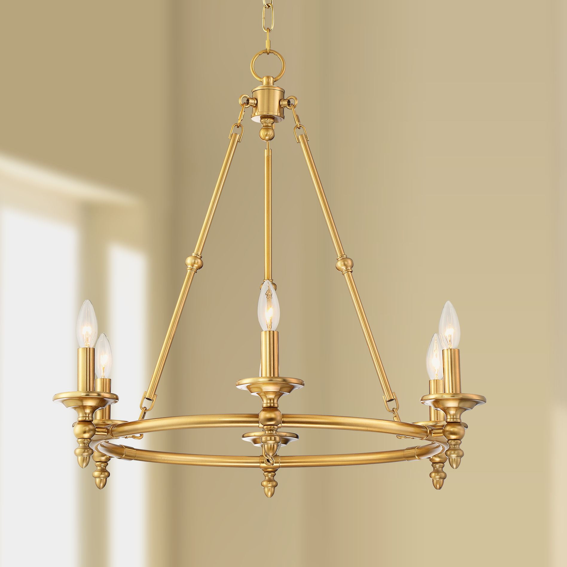 Stiffel Wagon Wheel Chandelier 6-Light Farmhouse Rustic Lighting Fixture (Antique Brass, 28 in) nju8b