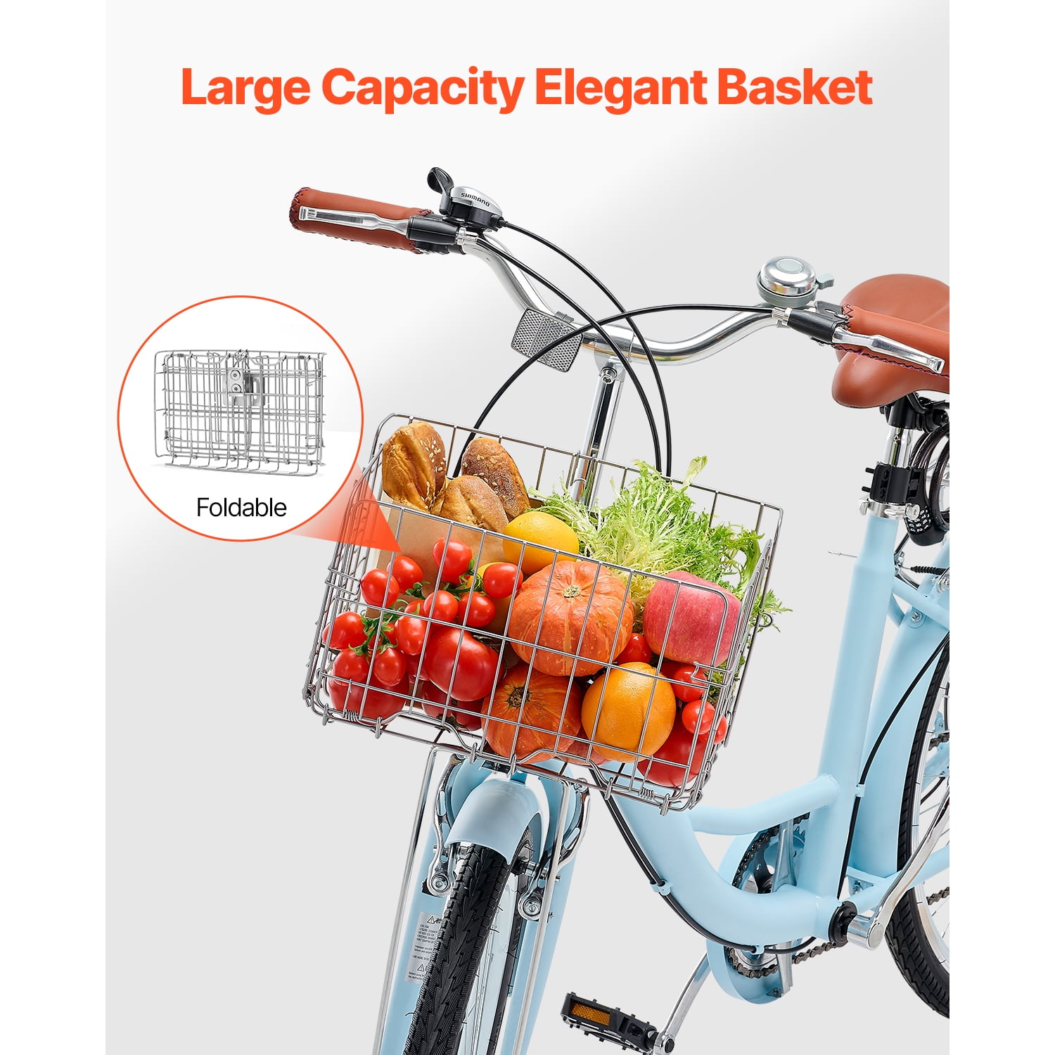 KFFKFF 24 in Cruiser Bike, 7-Speed Coastal Bicycle with Basket and Rear Rack (Sky Blue, 24 in) i47h3