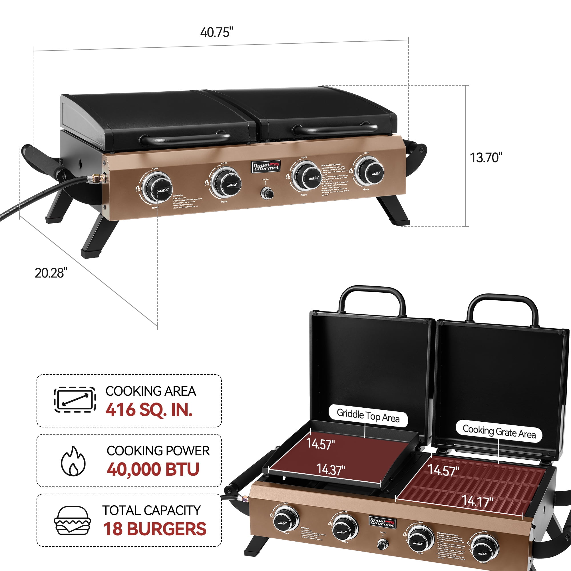 Royal Gourmet Portable Tabletop Grill & Griddle Combo with Hood, 40,000 BTU (Bronze Gold, 40.75 in x 20.28 in x 13.70 in) 0lg23