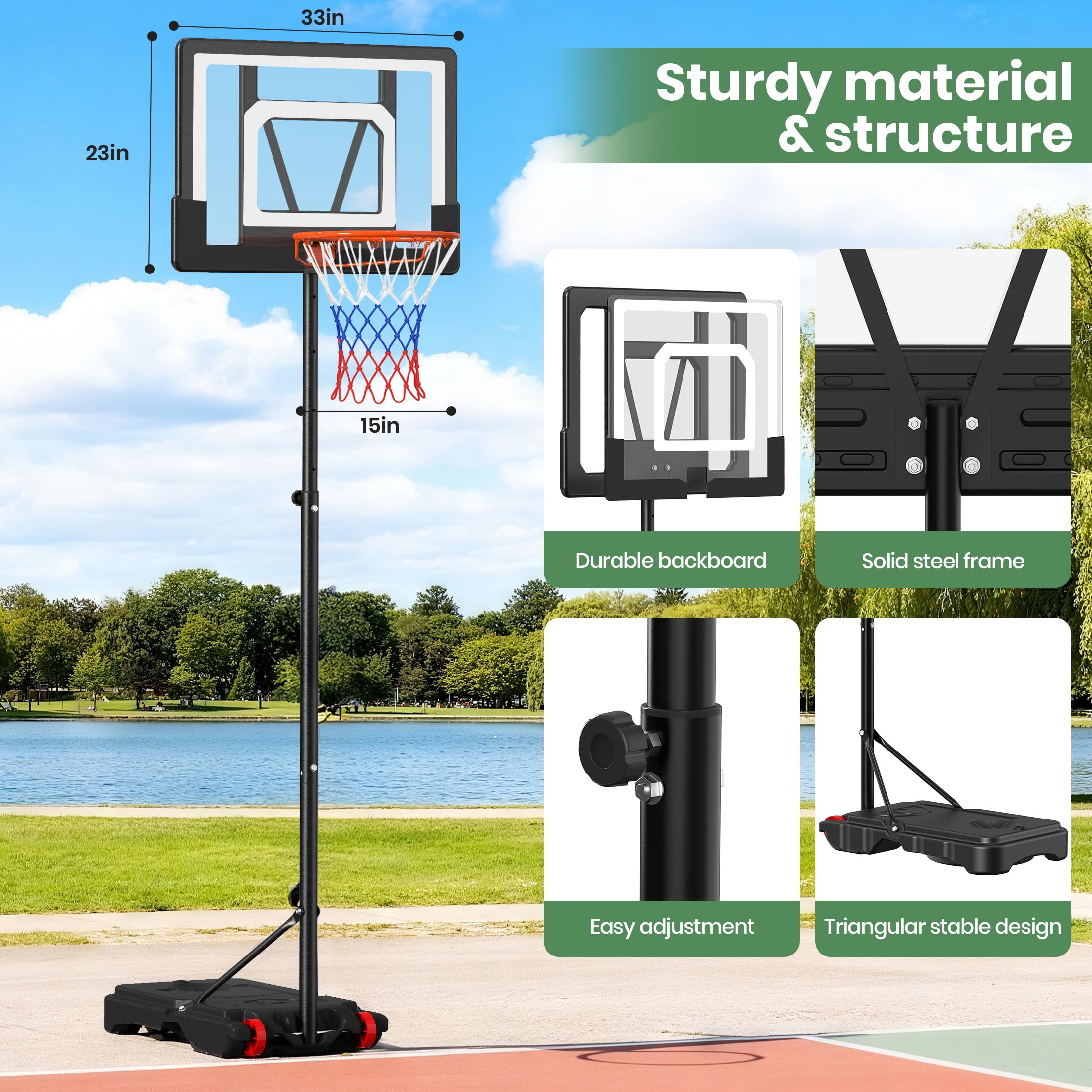 GVDV 33 in Portable Basketball Hoop, Height Adjustable Goal System for Kids and Teens (Black, 3.8-7 ft) 3dwj5