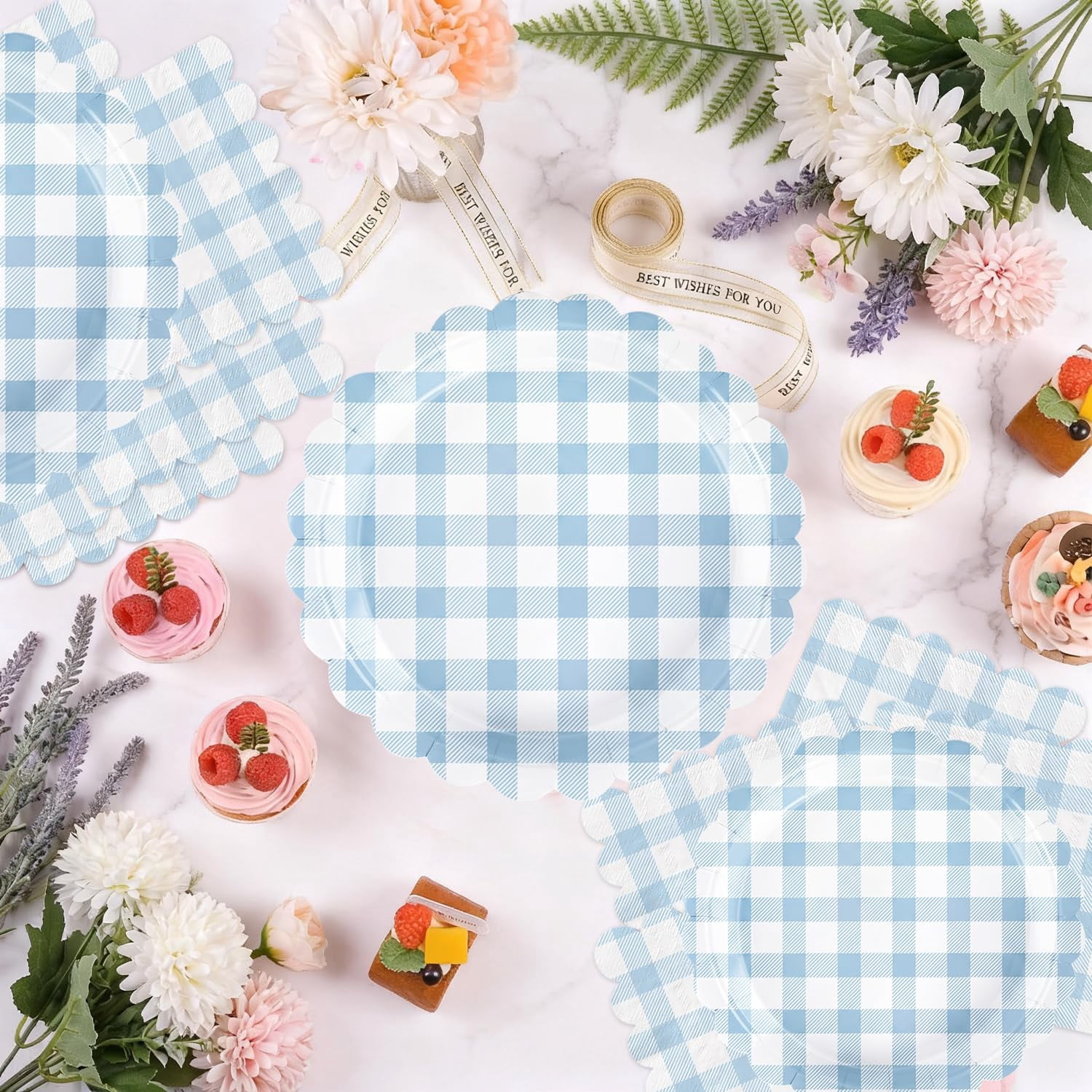 Gingham Party Supplies Disposable Scalloped Plate and Napkin Set (Light Pink, 100 Piece) dpszd