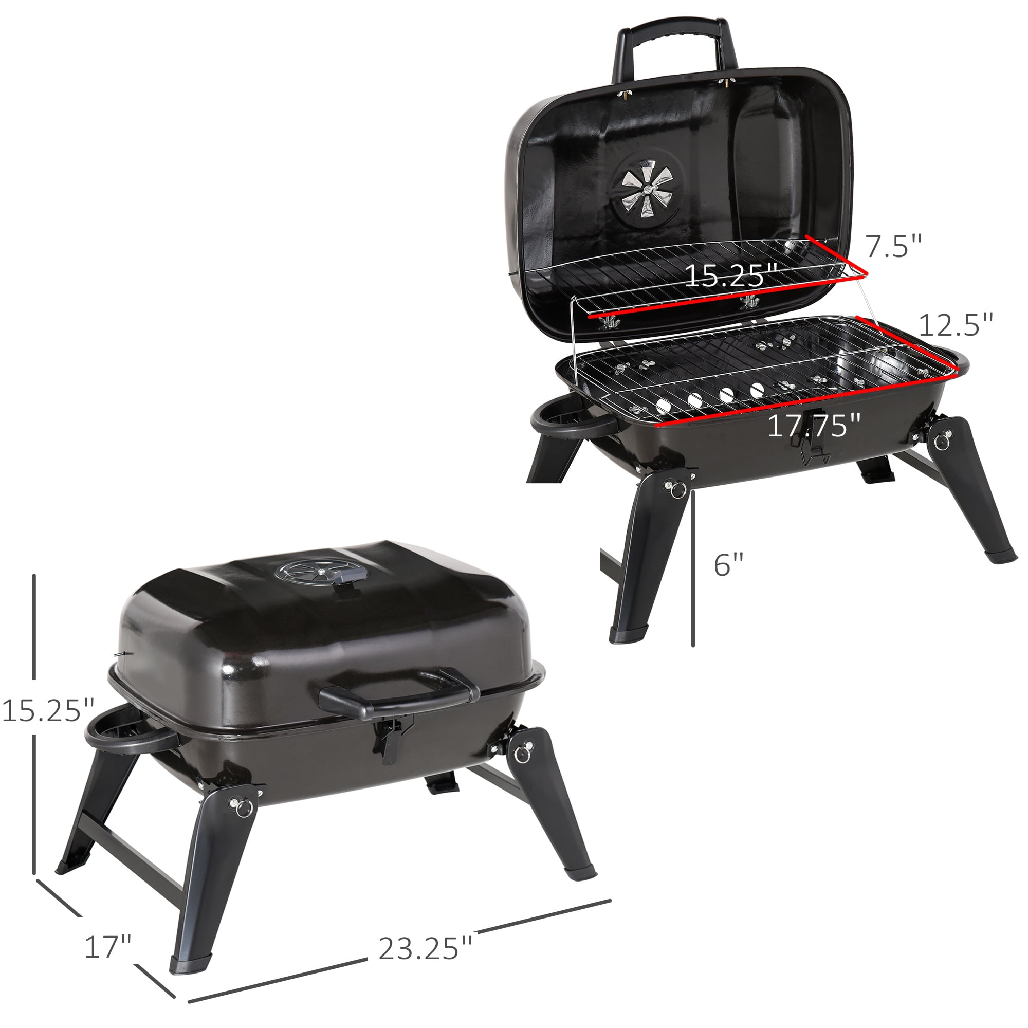 Outsunny Portable Charcoal Grill, Outdoor BBQ Cooking Stove with Folding Legs and Vent (Black, 23.25 in x 17 in x 14.25 in) tvf3d