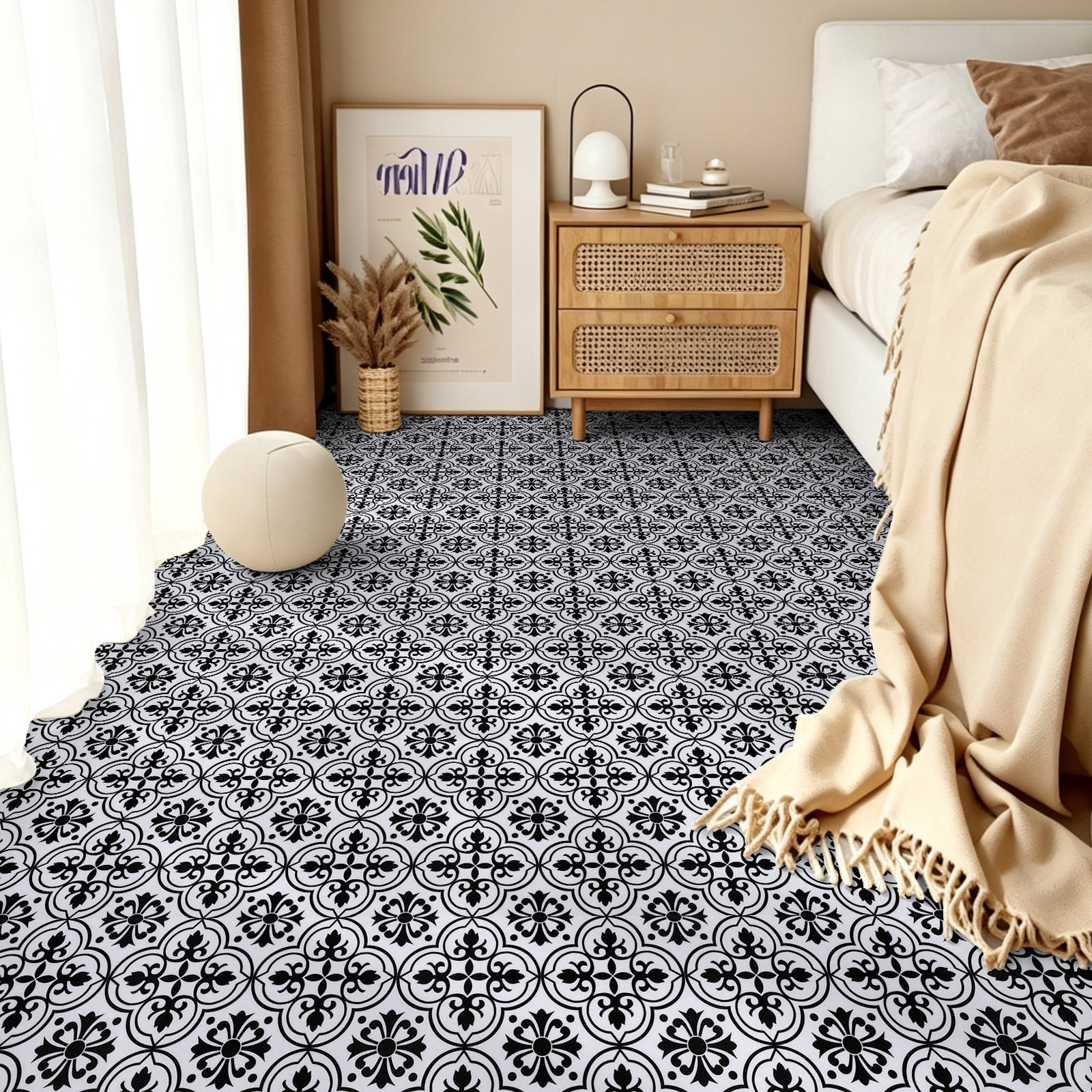 Abyssaly Peel and Stick Vinyl Flooring Tile, Waterproof Self-Adhesive Decorative Floor Covering for Kitchen and Bathroom (Black and White Flower, 15.7 in x 157.5 in) x09m8