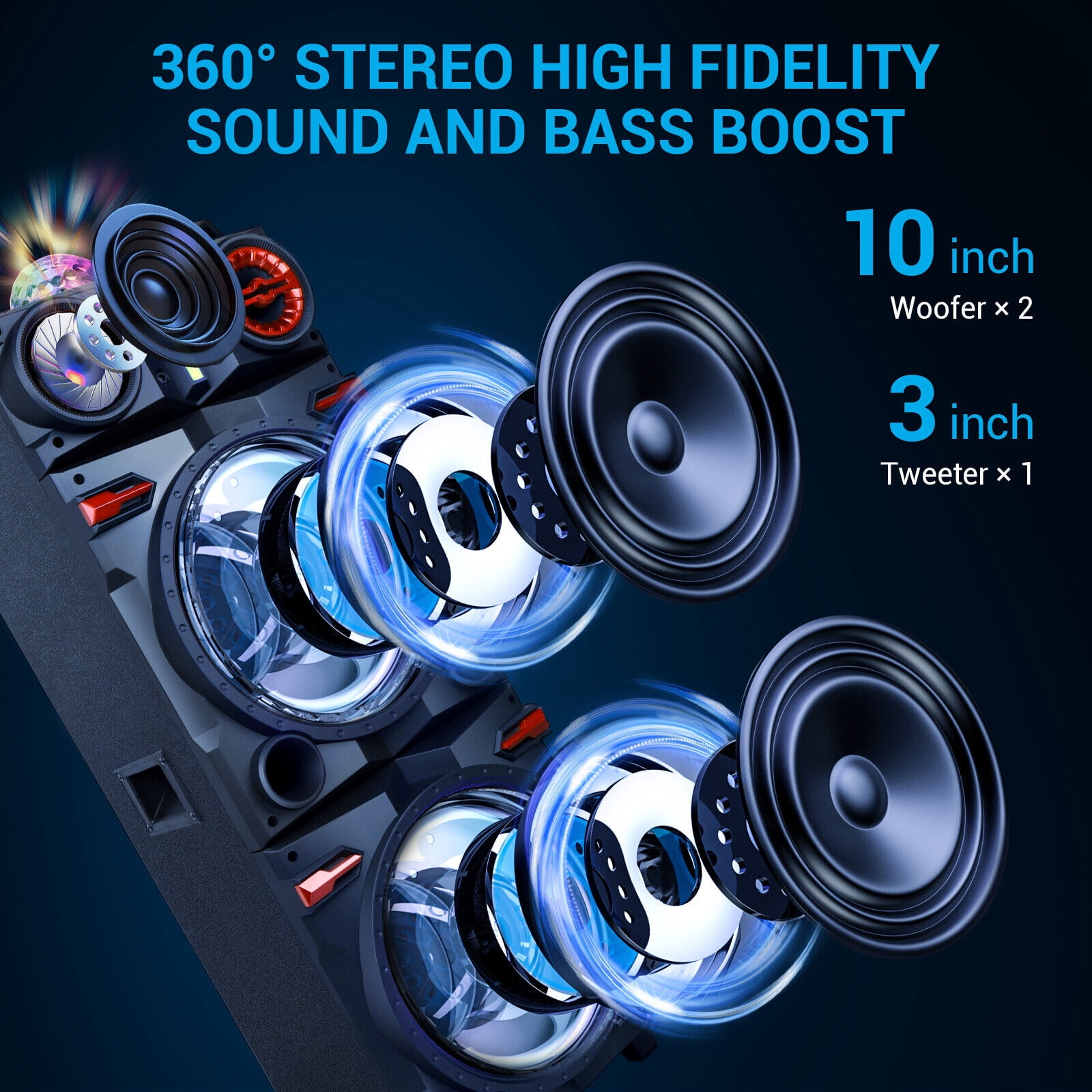 CURUK Dual 10 in Bluetooth Party PA Speaker System with LED Lights, Karaoke Mic, and Remote (Black) dcvev