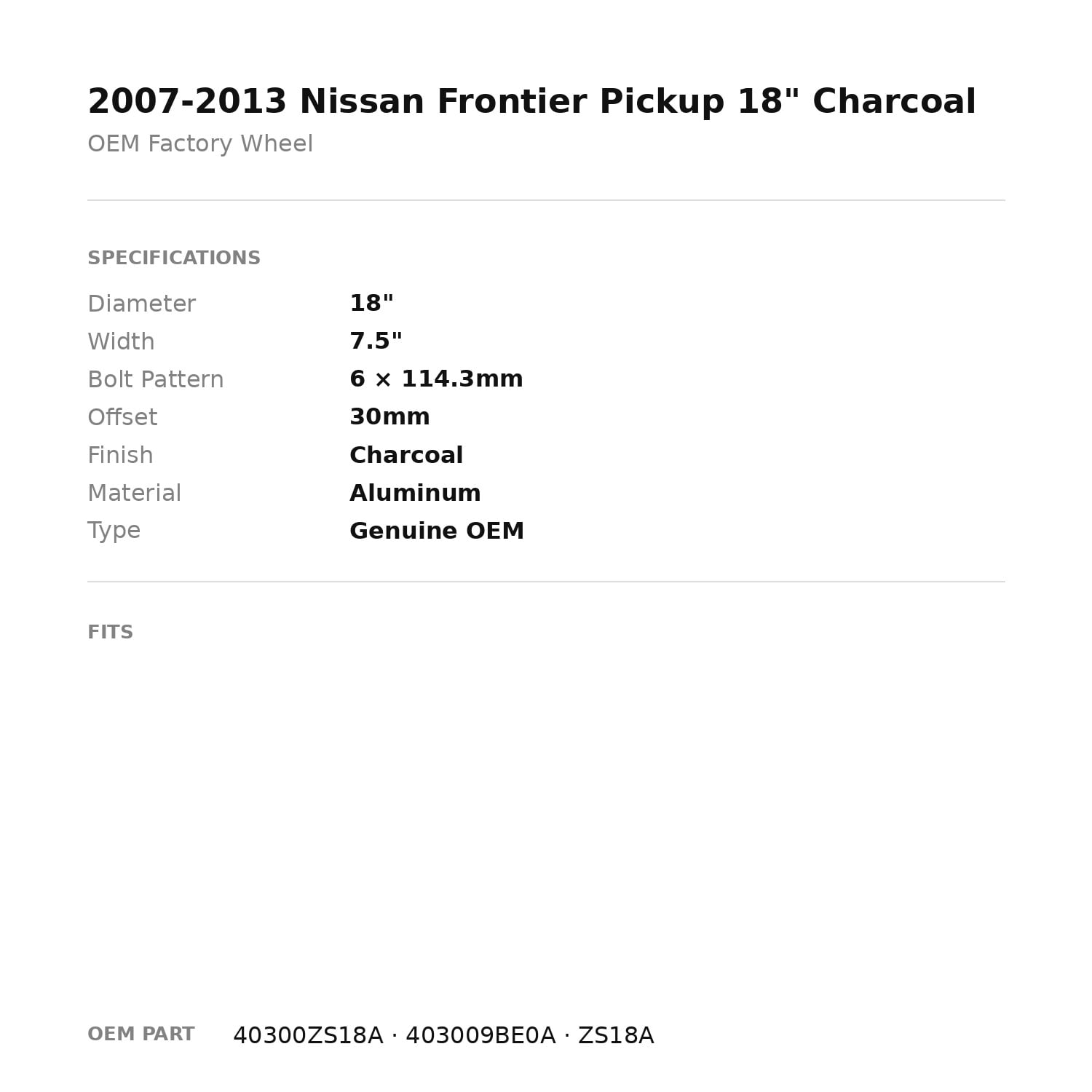 Factory Wheel Warehouse Nissan Frontier Pickup OEM Factory Wheel Rim (Charcoal, 18 in) vhxyy