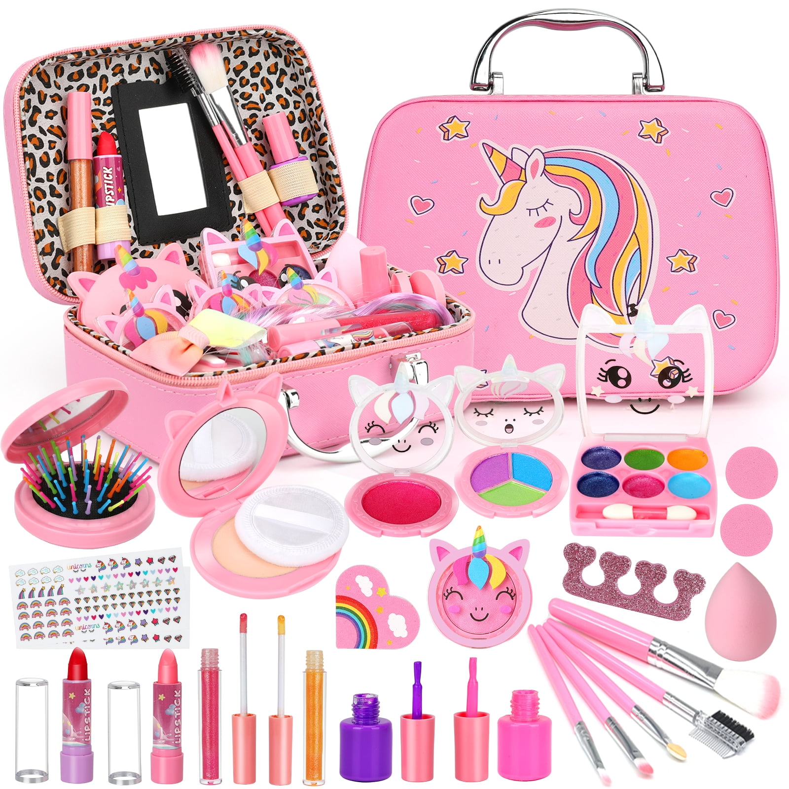 Sendida Kids Makeup Kit for Girls, Washable Princess Cosmetic Set with Unicorn Case (Pink, 26-Piece Set) jq0b0