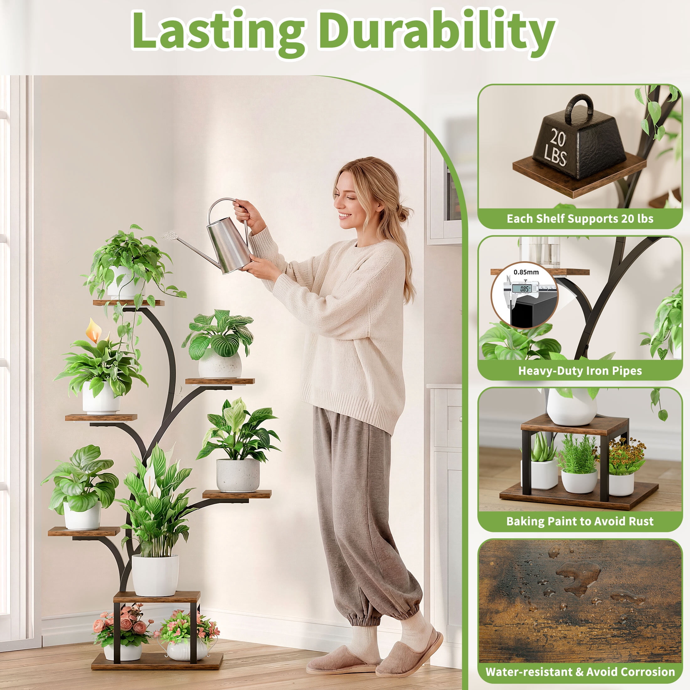 BECOKOME 7-Tier Indoor Plant Stand with LED Grow Lights, Vertical Corner Flower Display Rack (Black, 49 in) 4qr55