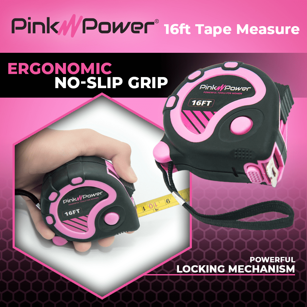 Pink Power Retractable Measuring Tape with Lock Button and Belt Clip (Pink, 16 ft) 1s5q1