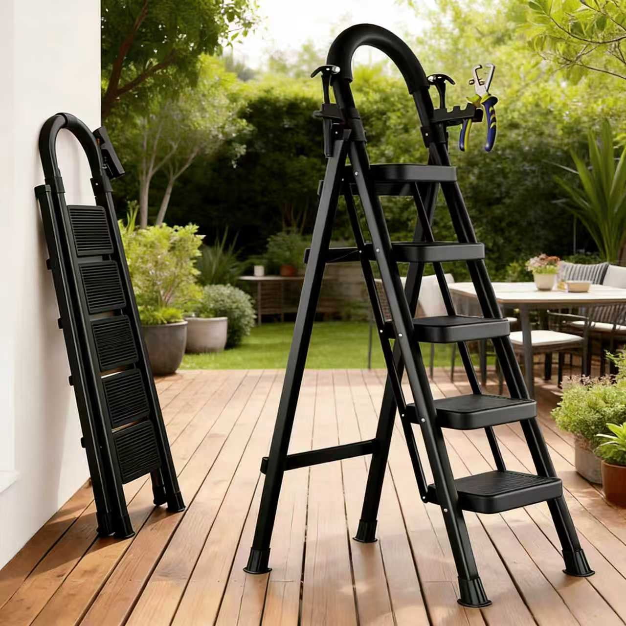 Generic Heavy-Duty Folding Ladder with Non-Slip Pedals and Safety Lock (Black, 57.48 in x 34.25 in x 38 in) q1tcx