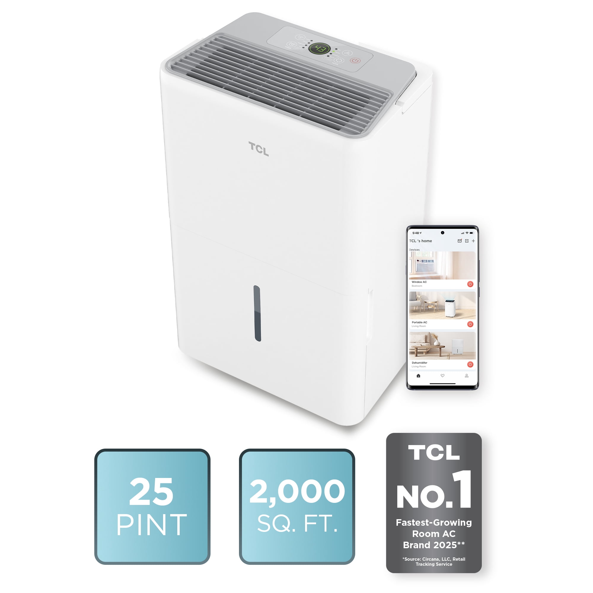 TCL 25 Pint Smart Dehumidifier, Energy Star Certified, Quiet Operation, App-Controlled, Portable Design (White, 25 Pint) yqem7