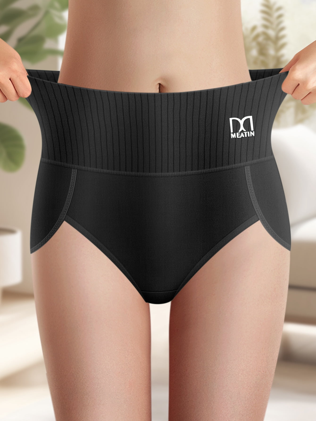 MEIYATING Women's High-Waist Briefs, Comfortable Soft Striped Underwear (Black, 5-Pack) 3uot5