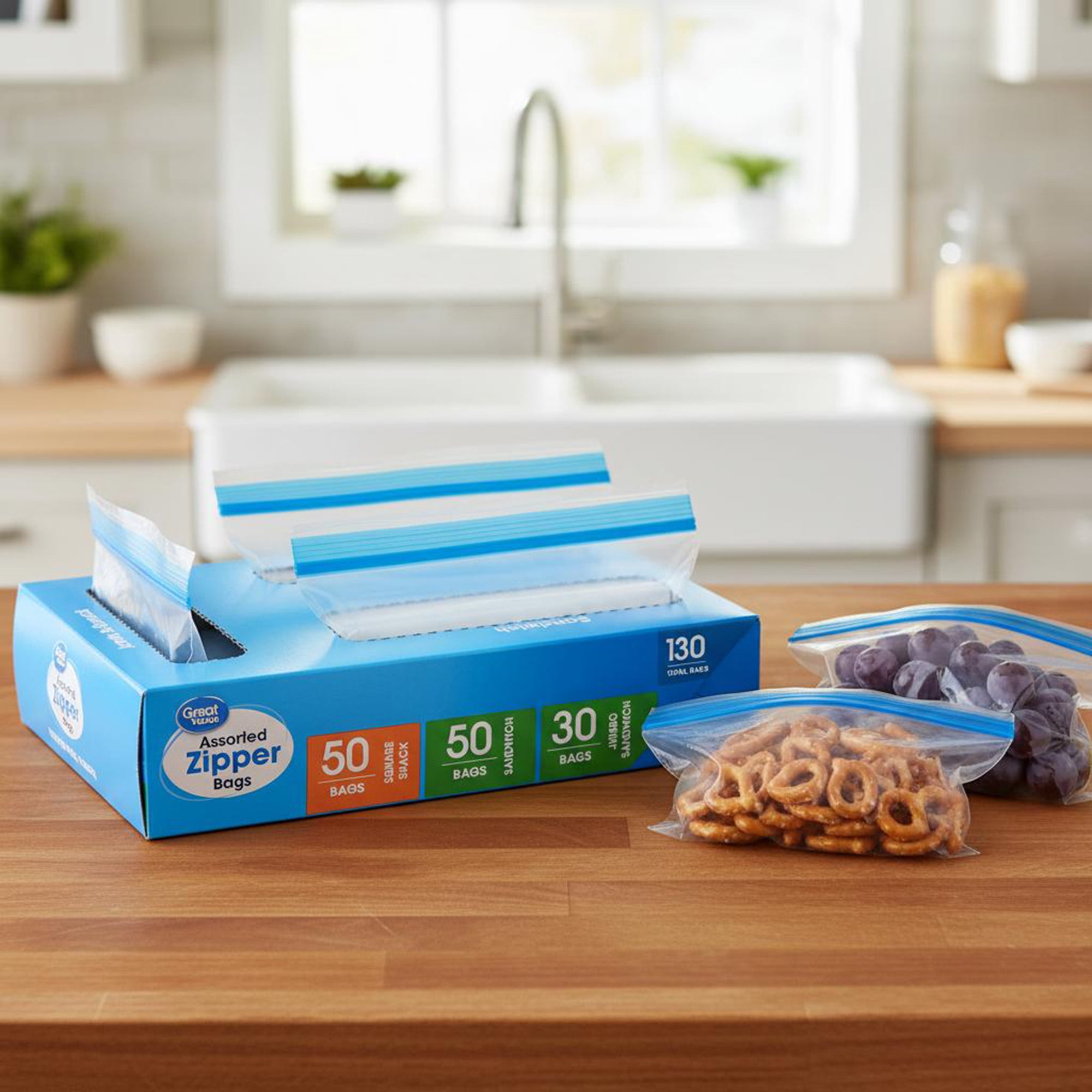 Great Value Zipper Food Storage Bags Variety Pack (Clear, 130 Count) 3zzbs
