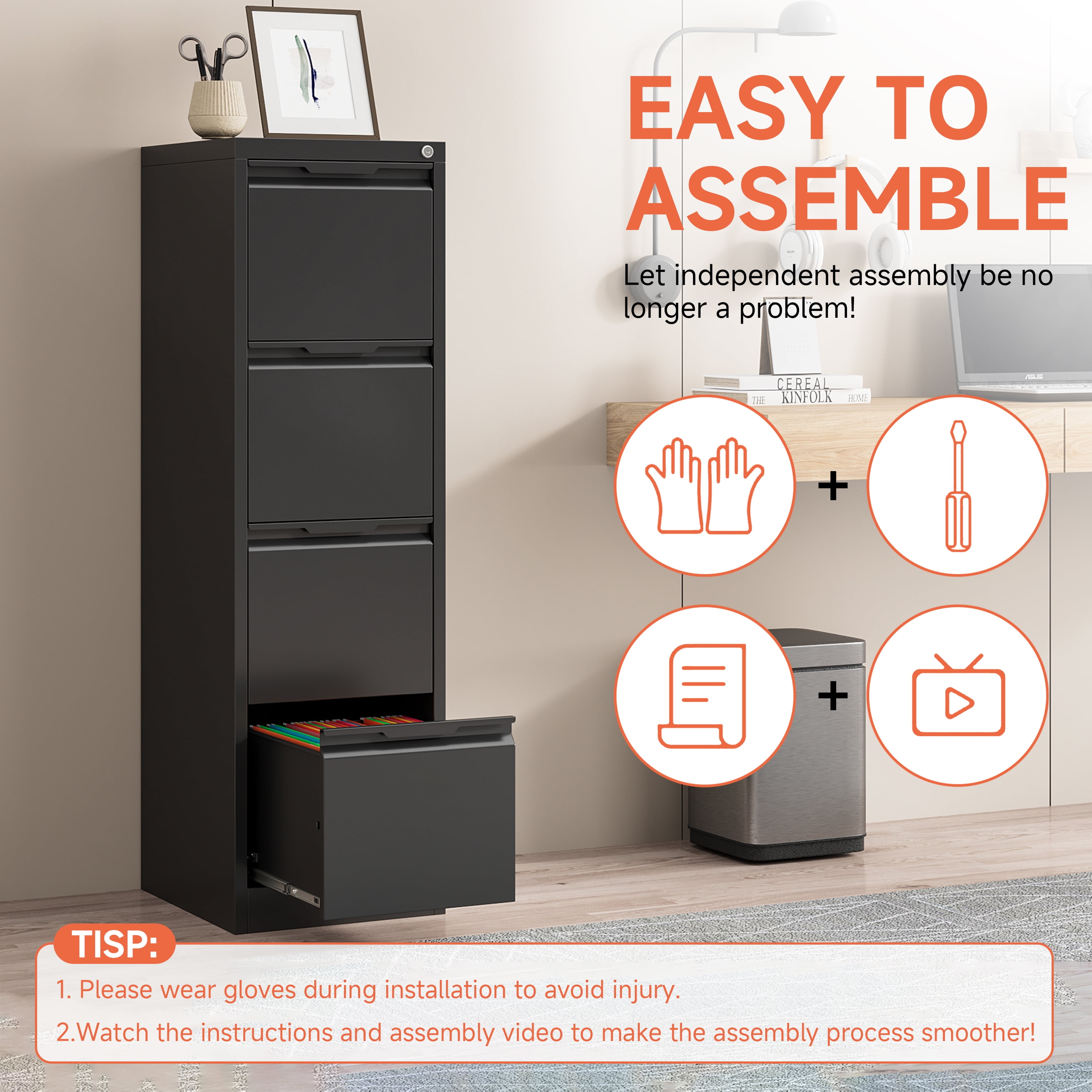 Kooyon 4 Drawer Metal File Cabinet with Lock, Heavy-Duty Home Office Filing Storage (Black, 17.8 in Deep) tyn09