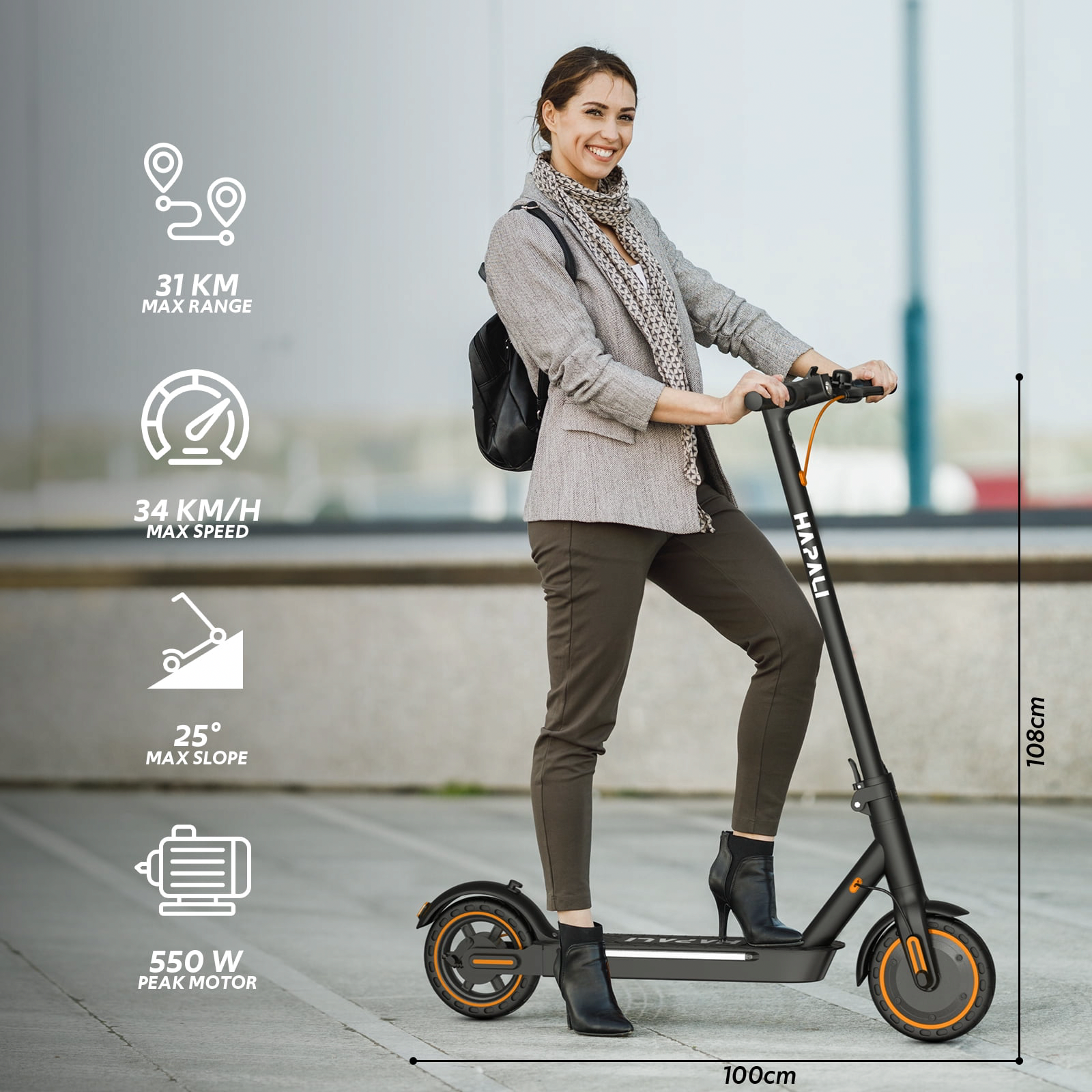 Hapali Electric Scooter for Adults, Folding E-Scooter with 550W Motor and Side Lights (Black, 31 lb) ifkkp