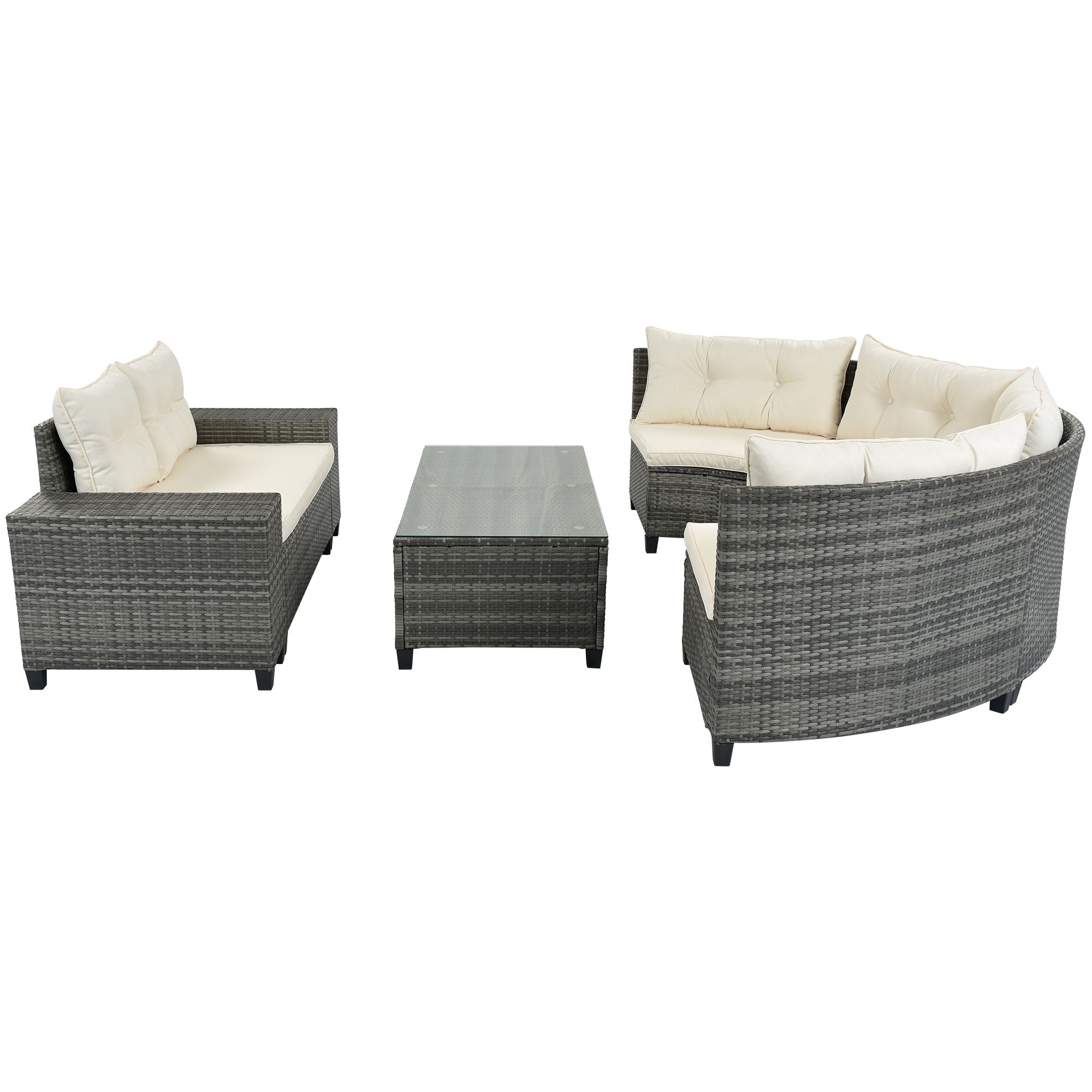 Rhomtree 8-Piece Half-Moon Outdoor Patio Furniture Set, Sectional Rattan Sofa with Coffee Table and Cushions (Beige) kks3i