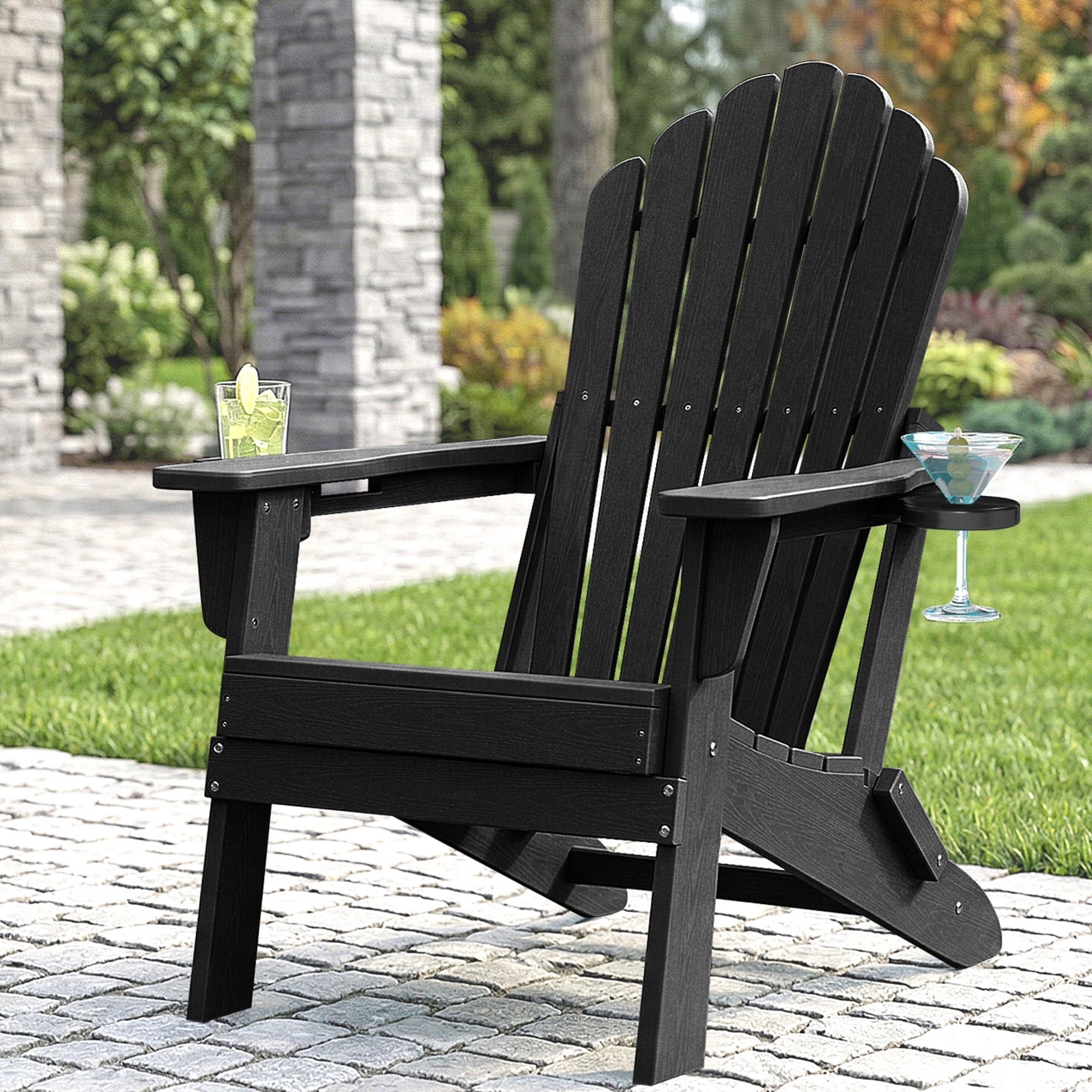 Cobiod Outdoor Adirondack Chair, Foldable Lawn Chair with Dual Cup Holders, Weather Resistant High Back (Black, 33 in Backrest) lp9tx