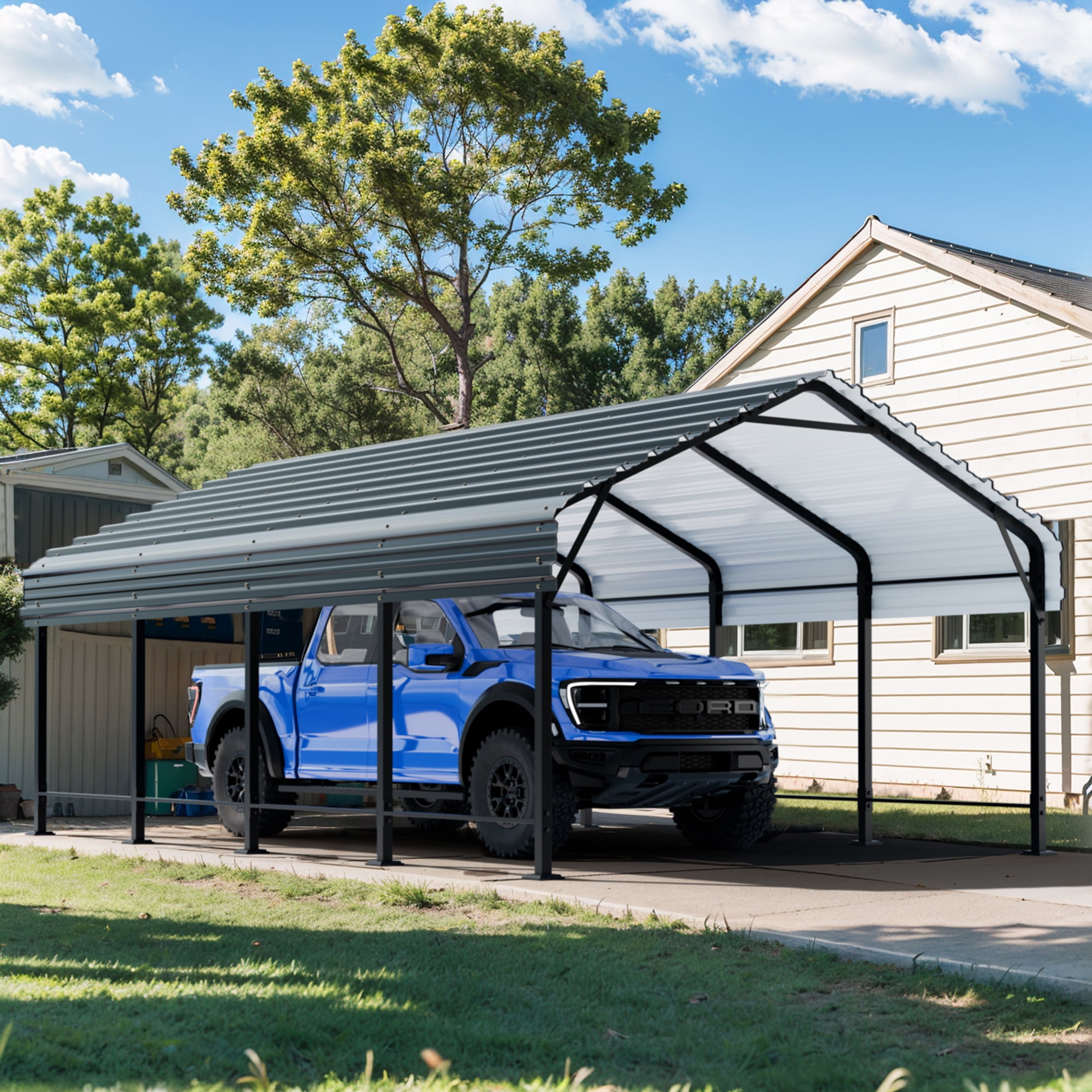 Walsunny Heavy Duty Metal Carport Canopy, Galvanized Steel Roof Garage Shelter (Gray, 12 ft x 20 ft) 8elux