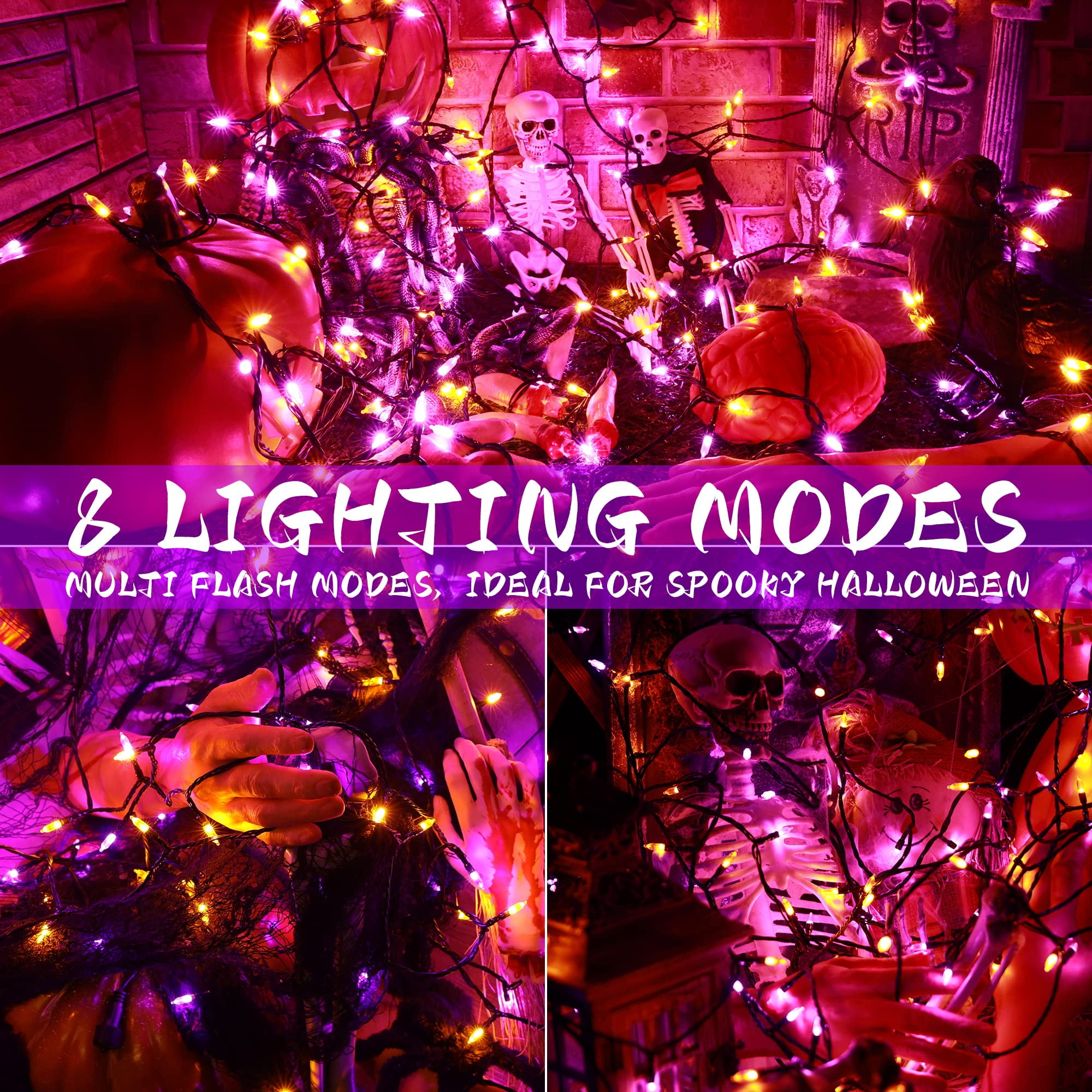 Tetou Halloween String Lights, 100 LED Waterproof Decorative Lights with 8 Lighting Modes and Timer (Orange, 33 ft) o4tvf