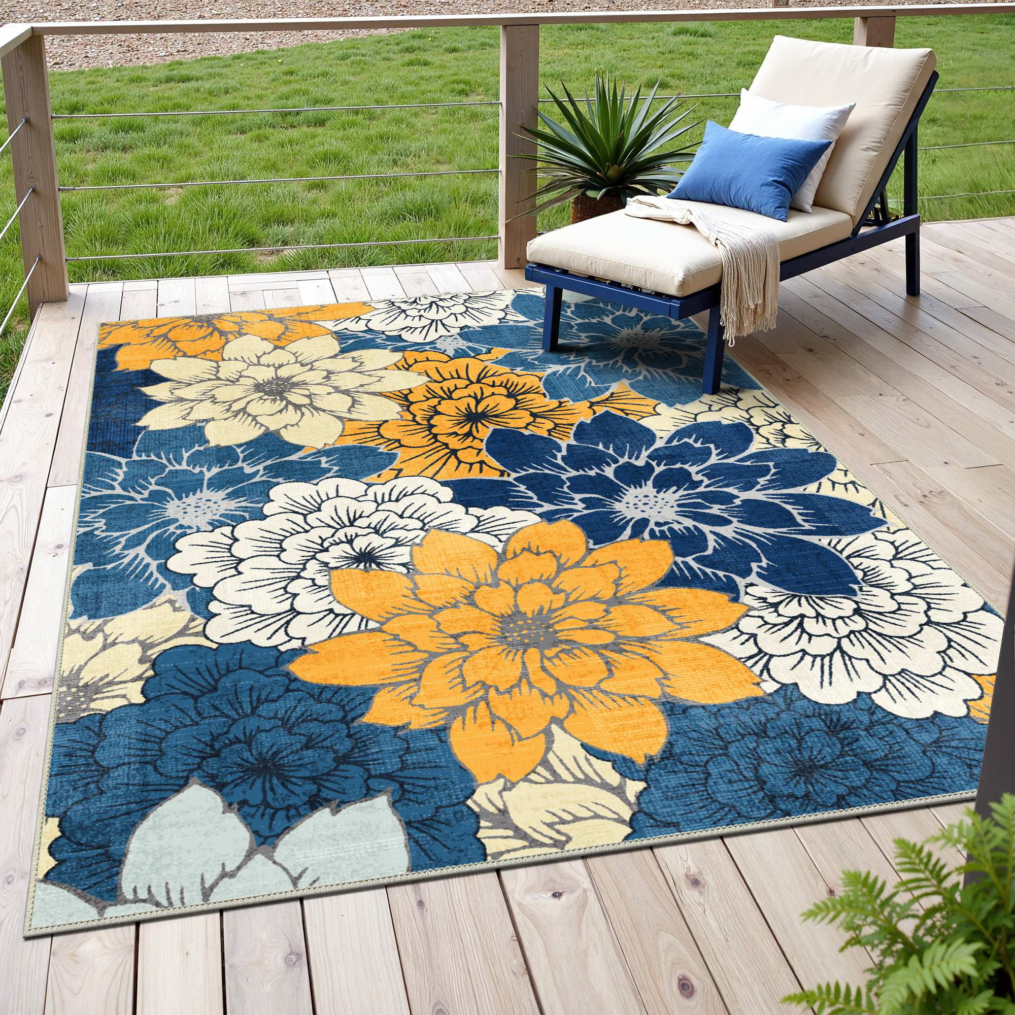 DEORAB Outdoor Rug Chenille Patio Carpet, Non-Slip Waterproof RV Mat for Camping and Garden (Blue, 8 ft x 10 ft) yyw38