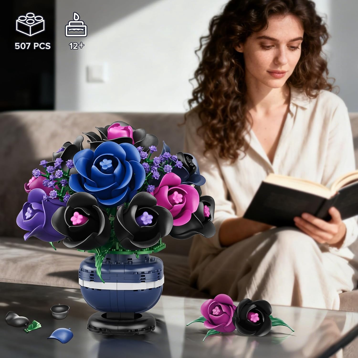 TERRAMUS Purple Rose Bouquet Building Set, Floral Construction Blocks for Home Decor (507 Pieces) 040r7