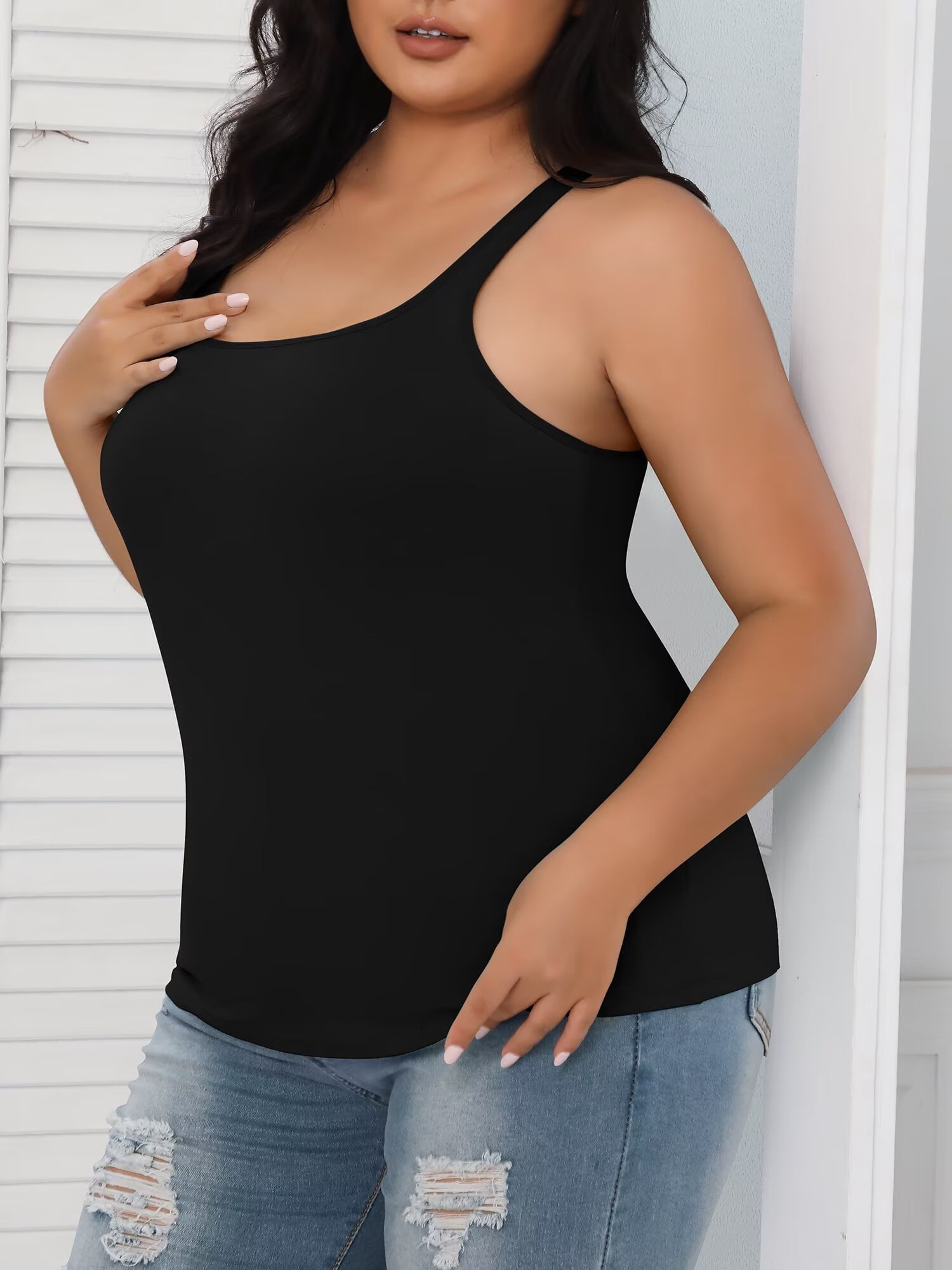 Charmo Womens Plus Size Cotton Tank Top with Shelf Bra Adjustable Strap Camisole (Black, 1X-5X) aytsm