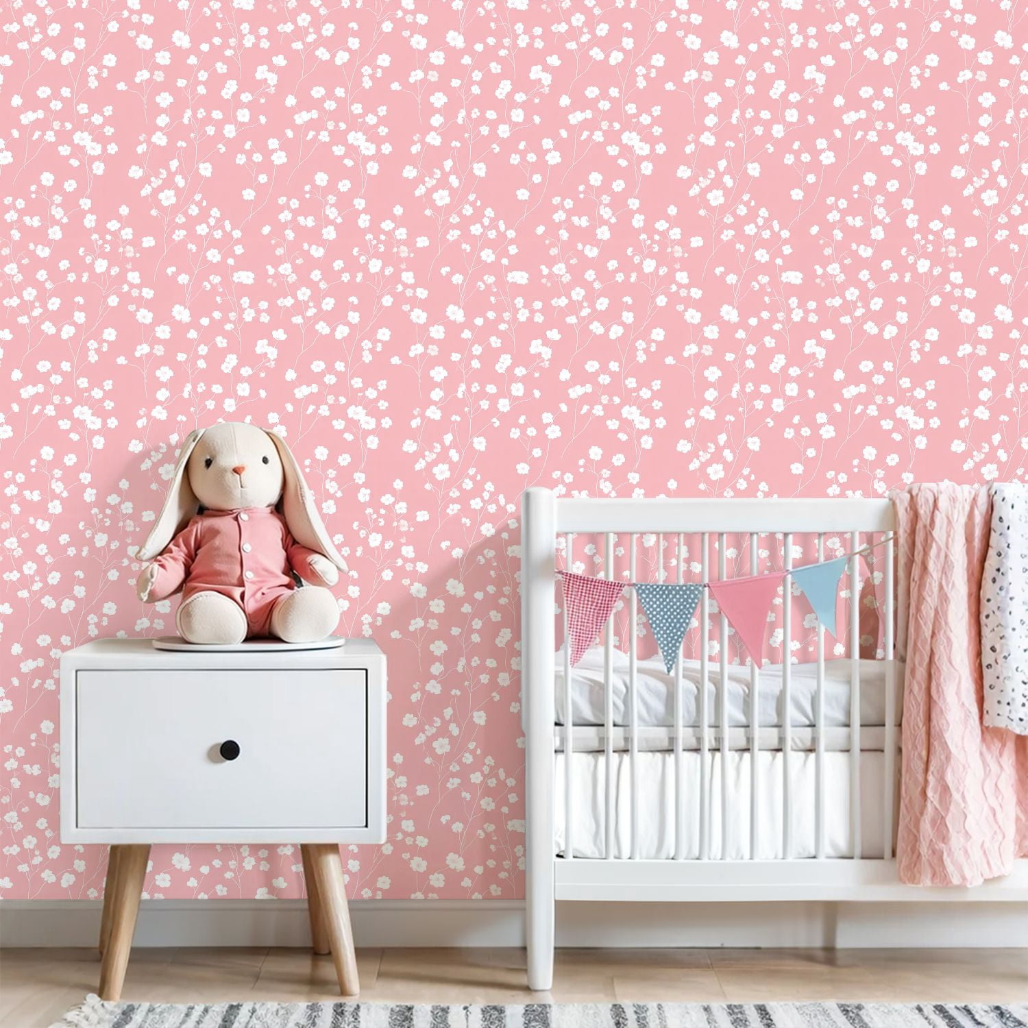 Kanworse Peel and Stick Wallpaper Floral Wall Mural (White and Soft Pink, 23.6 in x 9.8 ft) fbk5p