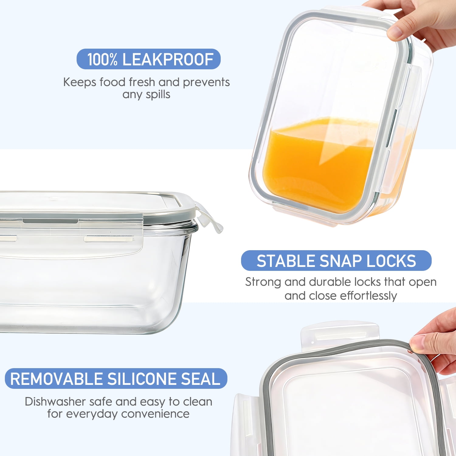 Taimasi Glass Food Storage Containers Set, Airtight Leak-Proof Meal Prep Containers with Locking Lids (Gray, 63 fl oz, 2 Pack) 1rziv