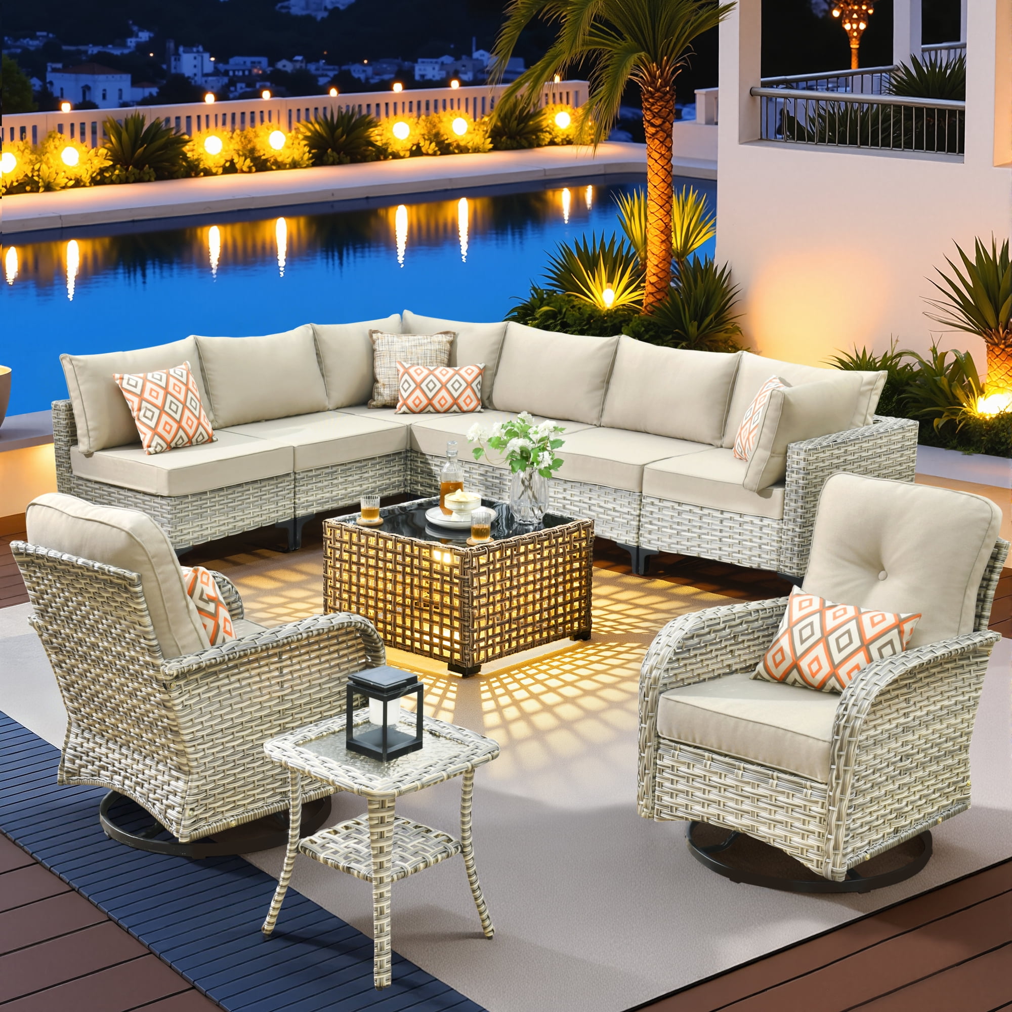 VCATNET 10-Piece Patio Conversation Set, All-Weather Rattan Wicker Sectional with Swivel Rocking Chairs and Solar LED Coffee Table (Beige, 10-Piece Set) 53c4s