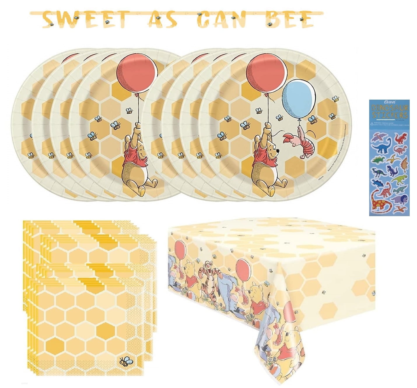 Unique Winnie the Pooh Party Supplies Set (16 Dessert Plates, 16 Napkins, Table Cover, Banner, Stickers) q97lc