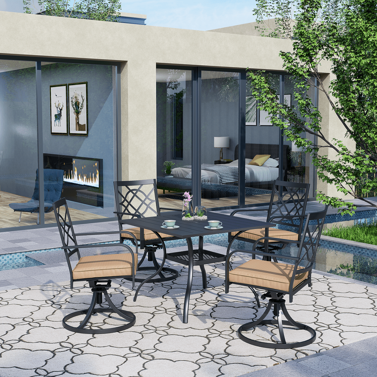 Suncrown 5-Piece Outdoor Patio Metal Dining Set with Swivel Chairs and Table (Brown Cushions, 37 in Table) 7hquh