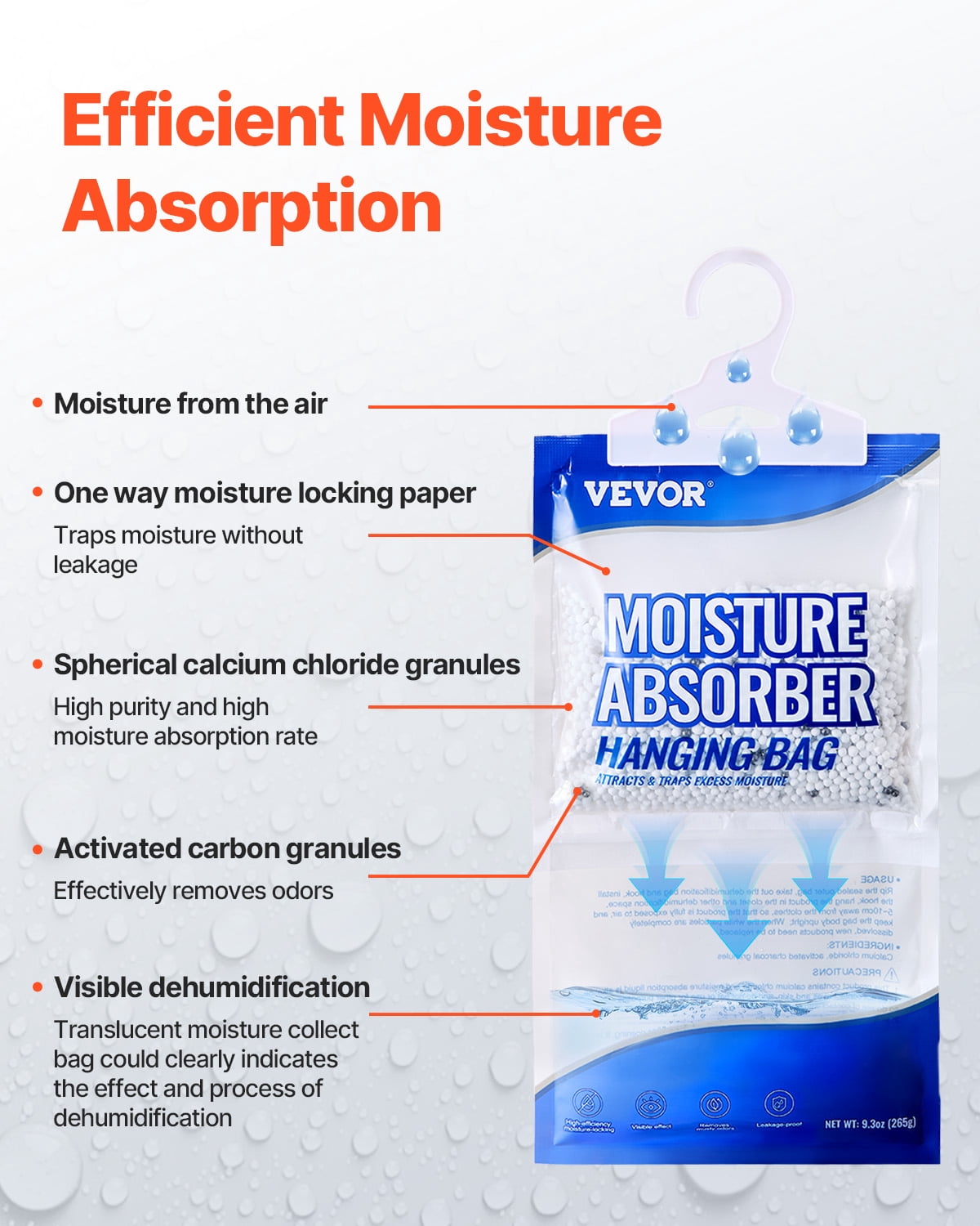 VEVOR Hanging Moisture Absorber Bags, Closet Dehumidifier for Damp Spaces (White, 9.3 oz, 10 Pack) odhkj