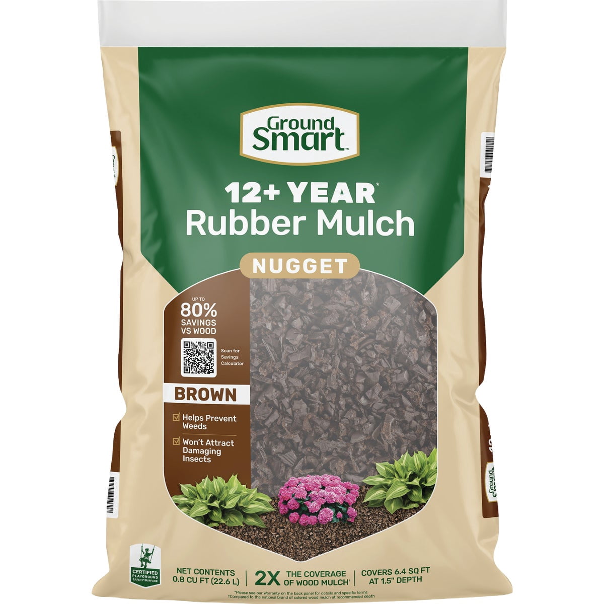 GroundSmart Rubber Mulch for Landscaping and Playground Safety (Brown, 1.25 cu ft) m1ztg