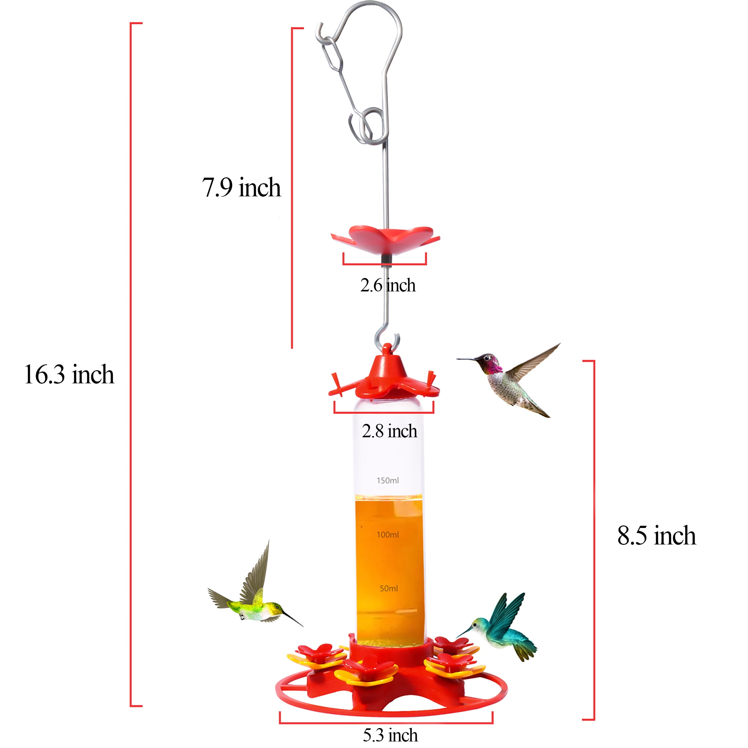 Koralakiri Hummingbird Feeder for Outdoors, Hanging Bird Feeder with Ant Moat and 6 Feeding Ports (Red, 8.45 fl oz) n5fpf