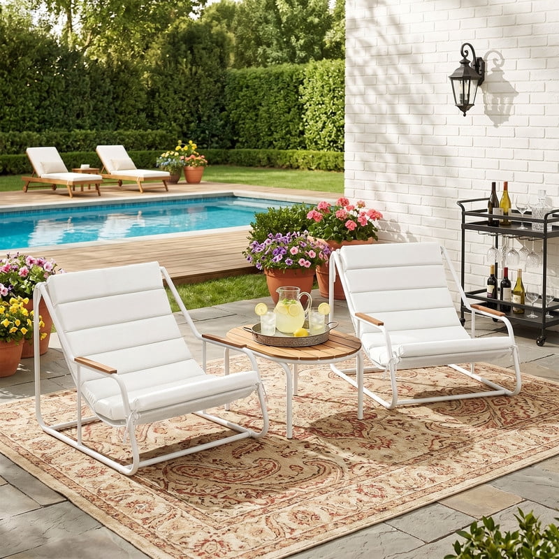 Vineego 3-Piece Outdoor Patio Conversation Bistro Set with Acacia Wood Side Table and Weather-Resistant Lounge Chairs (White, 3-Piece Set) 4ktxd
