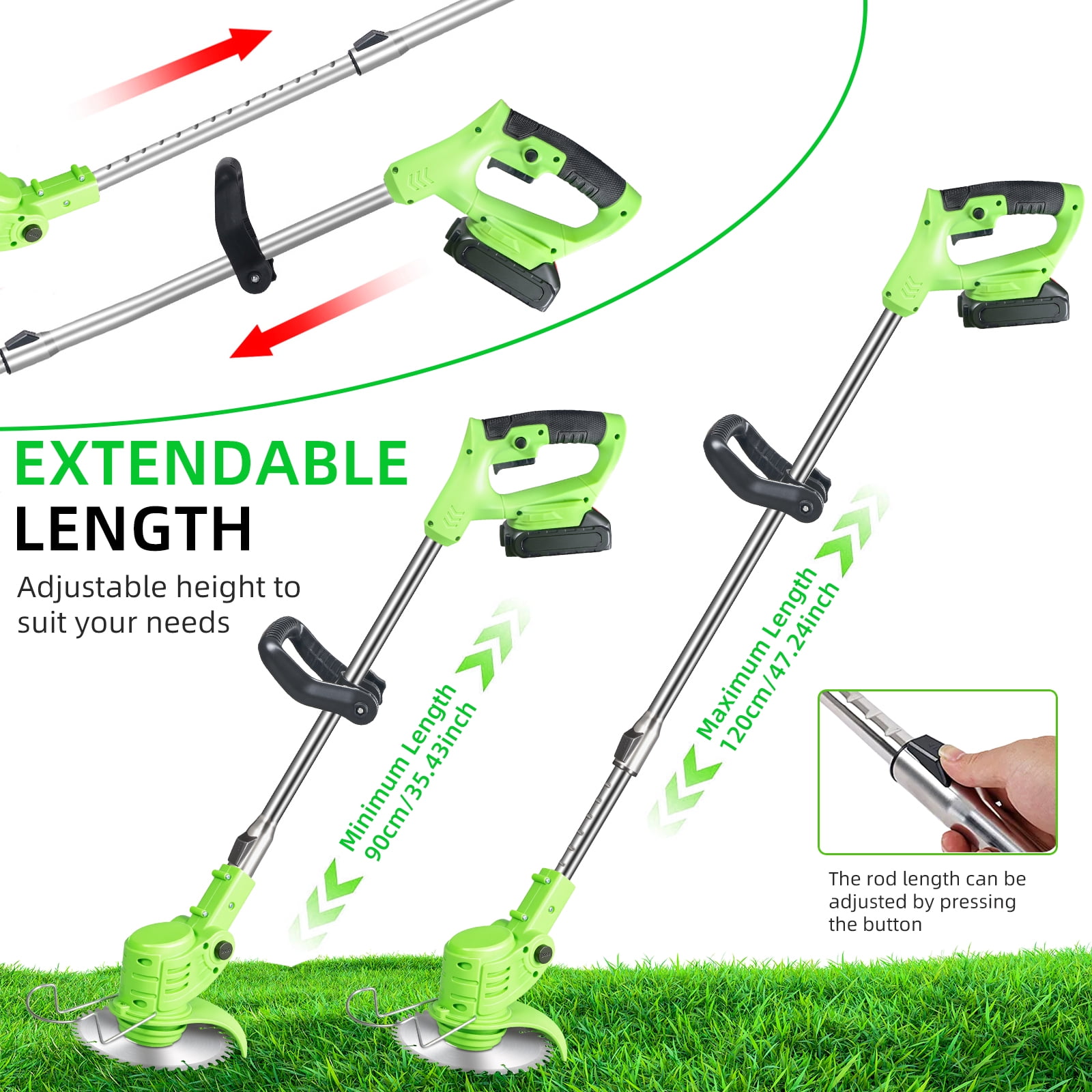 Paddsun Electric Cordless Lawn Trimmer, 21V Weed Wacker with Wheels and Adjustable Handle (Green, 47.2 in) mnmji
