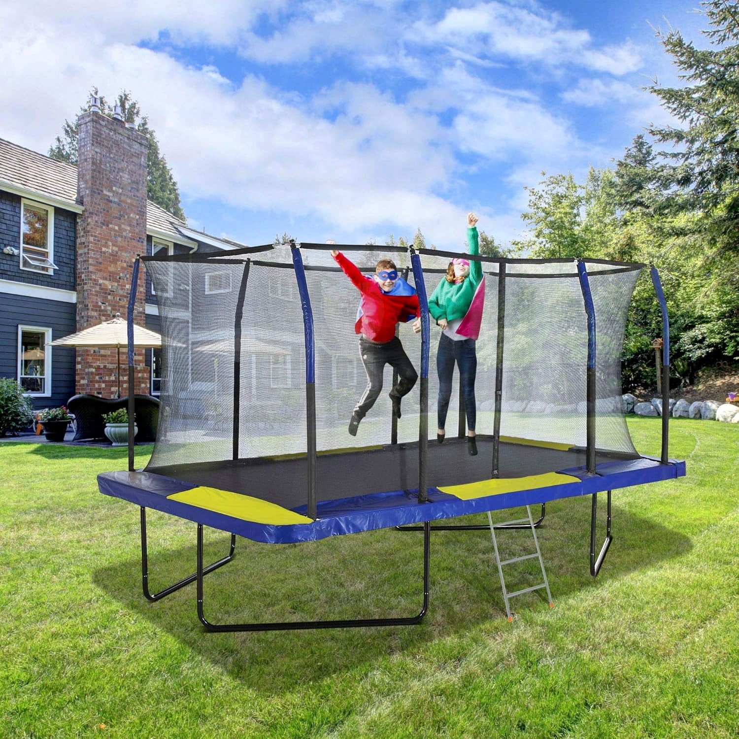 Plexalife Rectangular Trampoline Set with Safety Enclosure and Ladder (Blue/Yellow, 9 ft x 15 ft) 1gyq4