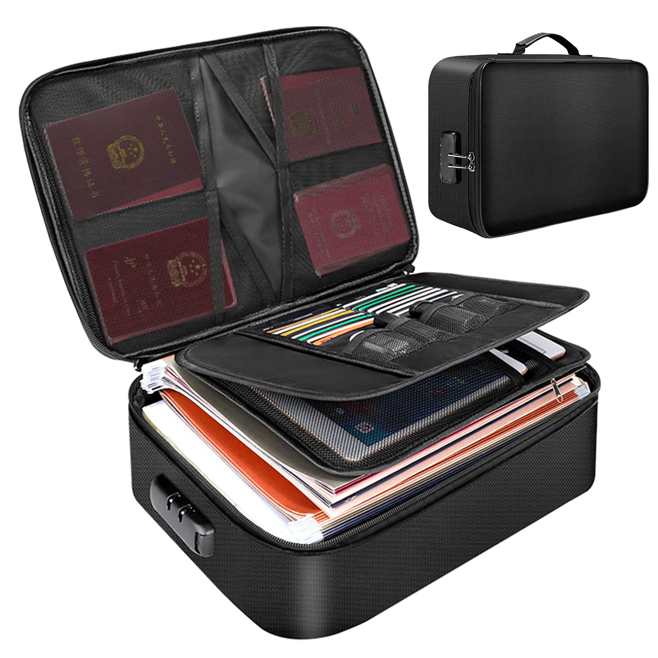 Mixfeer Fireproof Document Organizer Bag with Combination Lock (Black, 14.2 x 10.6 x 3.9 in) l3z61