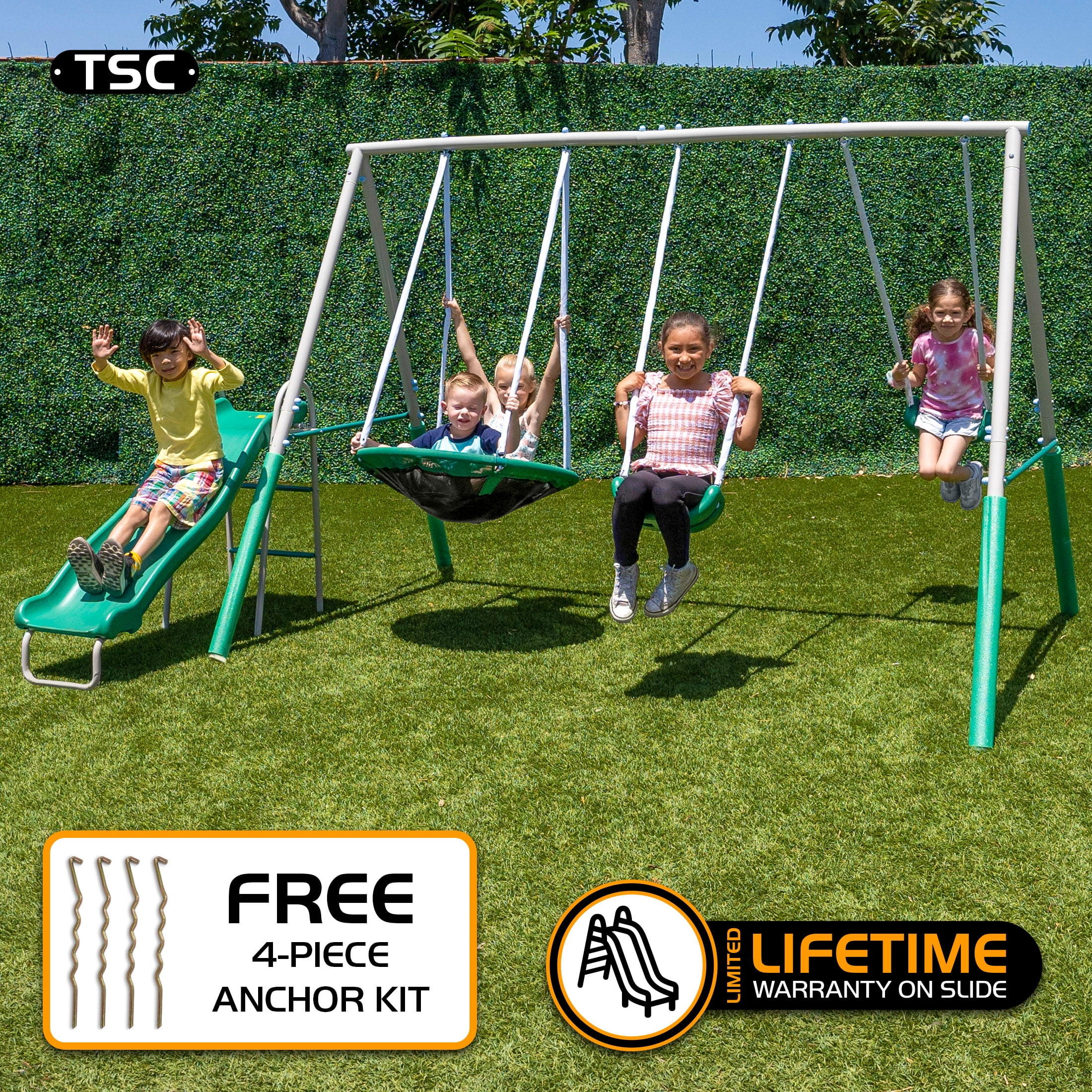 The Swing Company Northridge Metal Swing Set with Saucer Swing and 5 ft Wavy Slide (Green) hxxdv