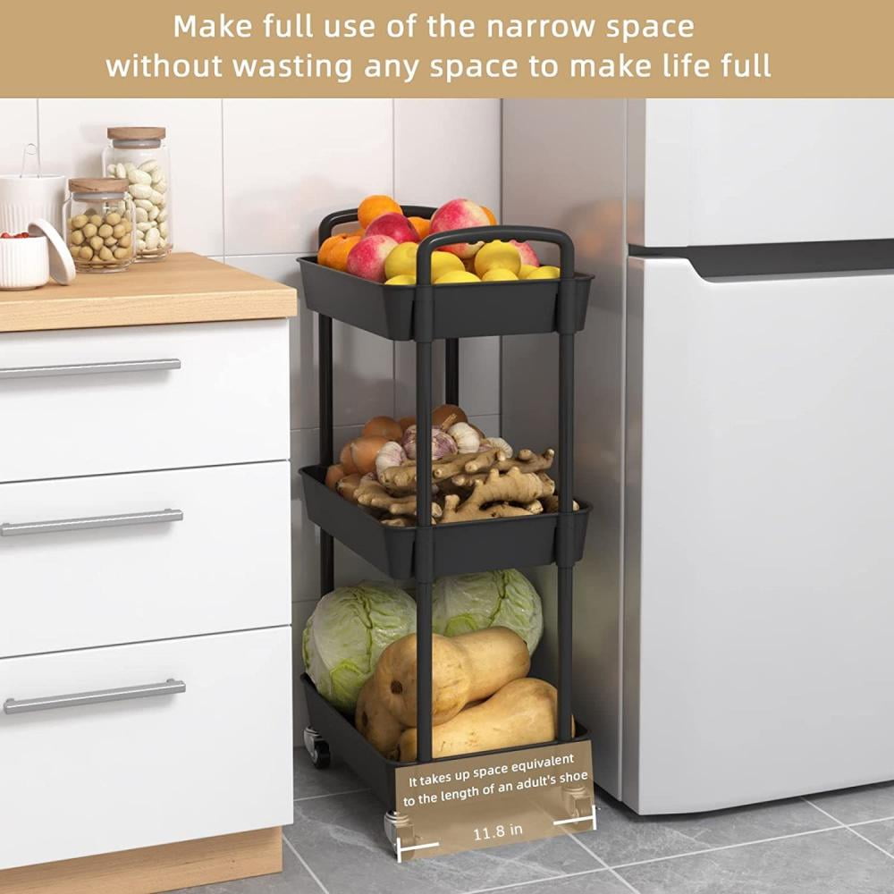 COWIN 3-Tier Metal Rolling Utility Cart with 6 Hooks (Black, 17 in x 15 in x 34 in) 7wkkx
