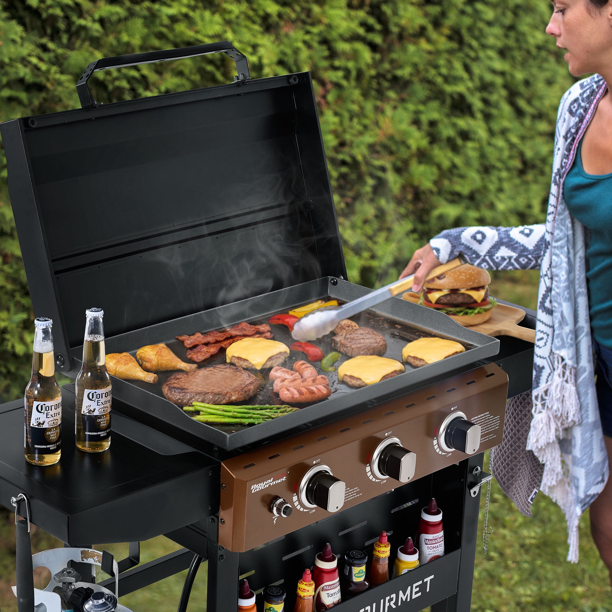 Royal Gourmet GB3000PY 3-Burner Gas Griddle with Hood and Collapsible Side Shelves (Antique Bronze and Black, 492 sq. in.) oxzev