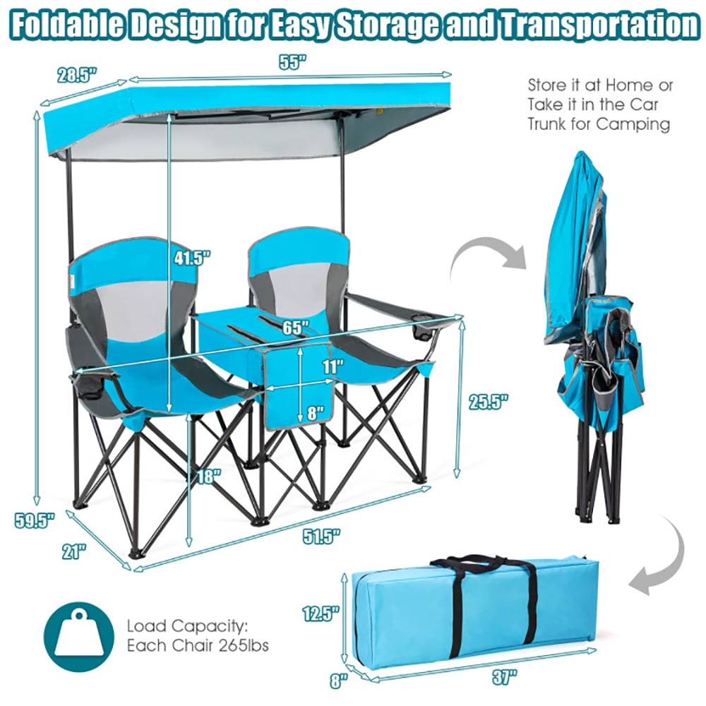 YYAO Portable Folding Camping Chair with Canopy and Cooler Bag (Blue, 265 lb Capacity) kac6z