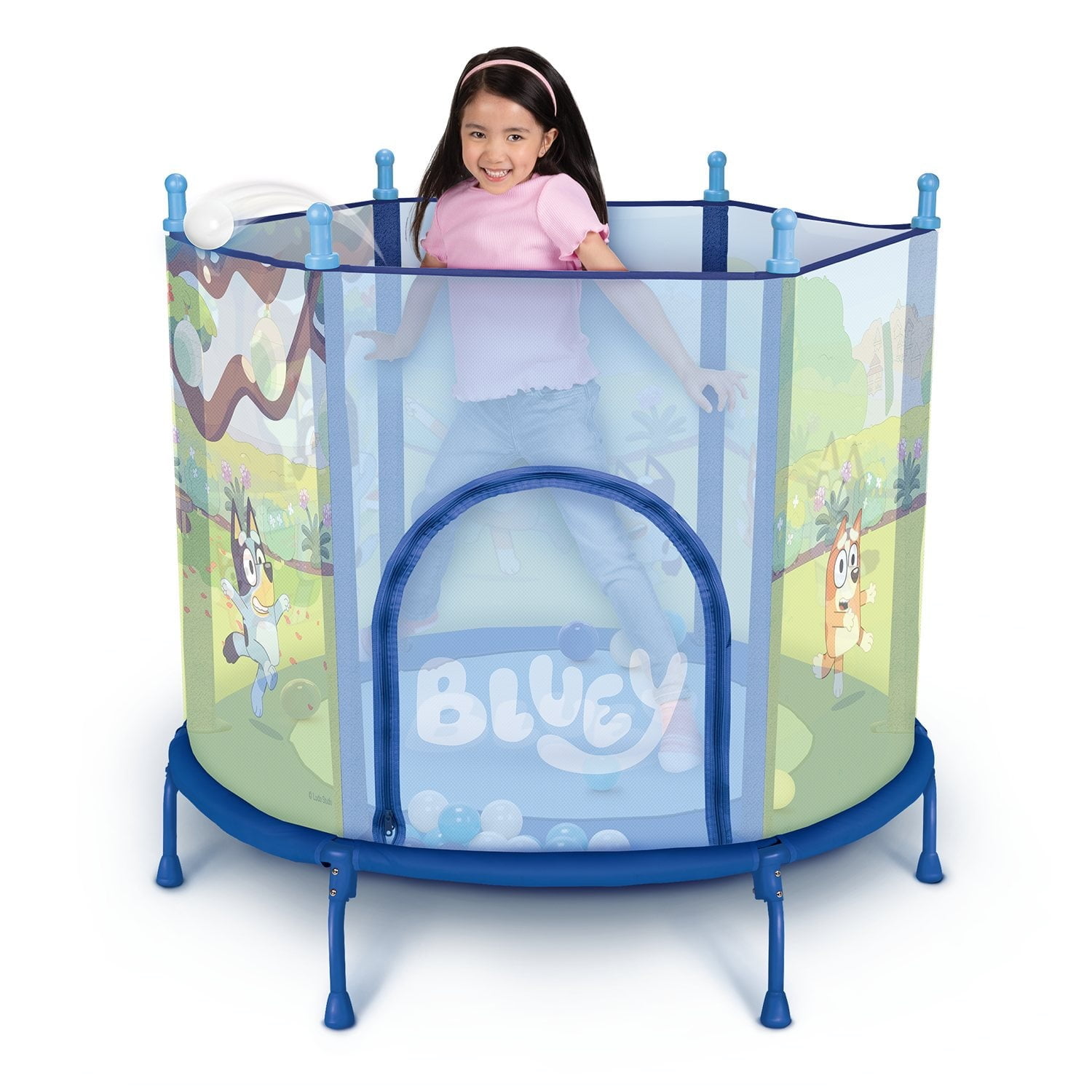 Bluey Kids Trampoline with Safety Enclosure and Play Balls (Blue, 4 ft) z7ali