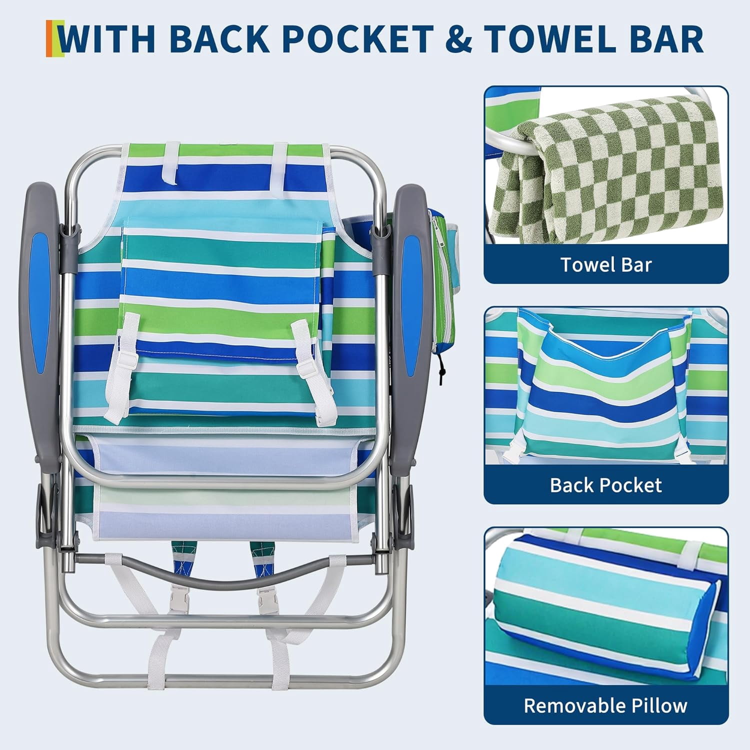 RIEDHOFF Portable Beach Chair with Adjustable Backrest and Cooler Bag (Ocean Striped, Set of 2) w911z