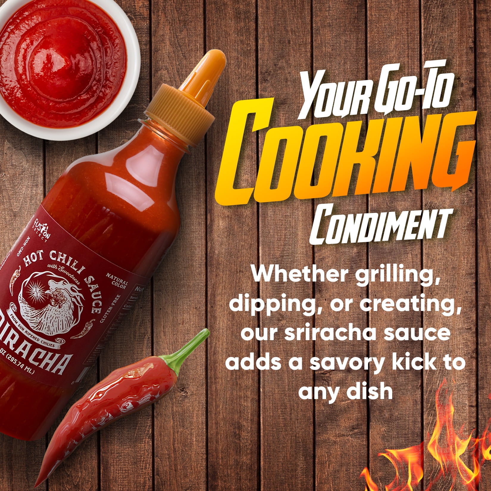 Fusion Select Sriracha Hot Sauce, Gourmet Spicy & Sweet Chili Seasoning for Cooking and Grilling (10 oz) y4414