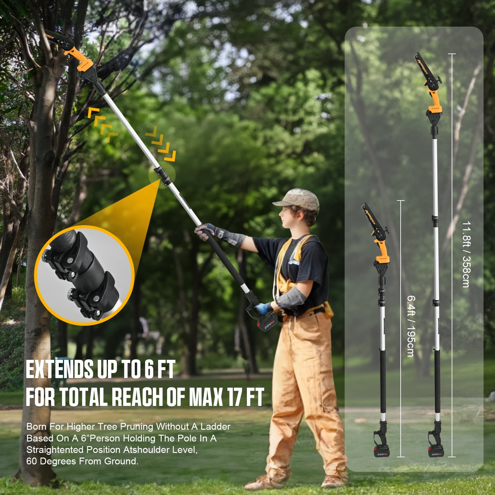 Vetoper 2-in-1 Cordless Pole Saw and Mini Chainsaw with Extension Rod (Yellow, 7 ft) jl34y