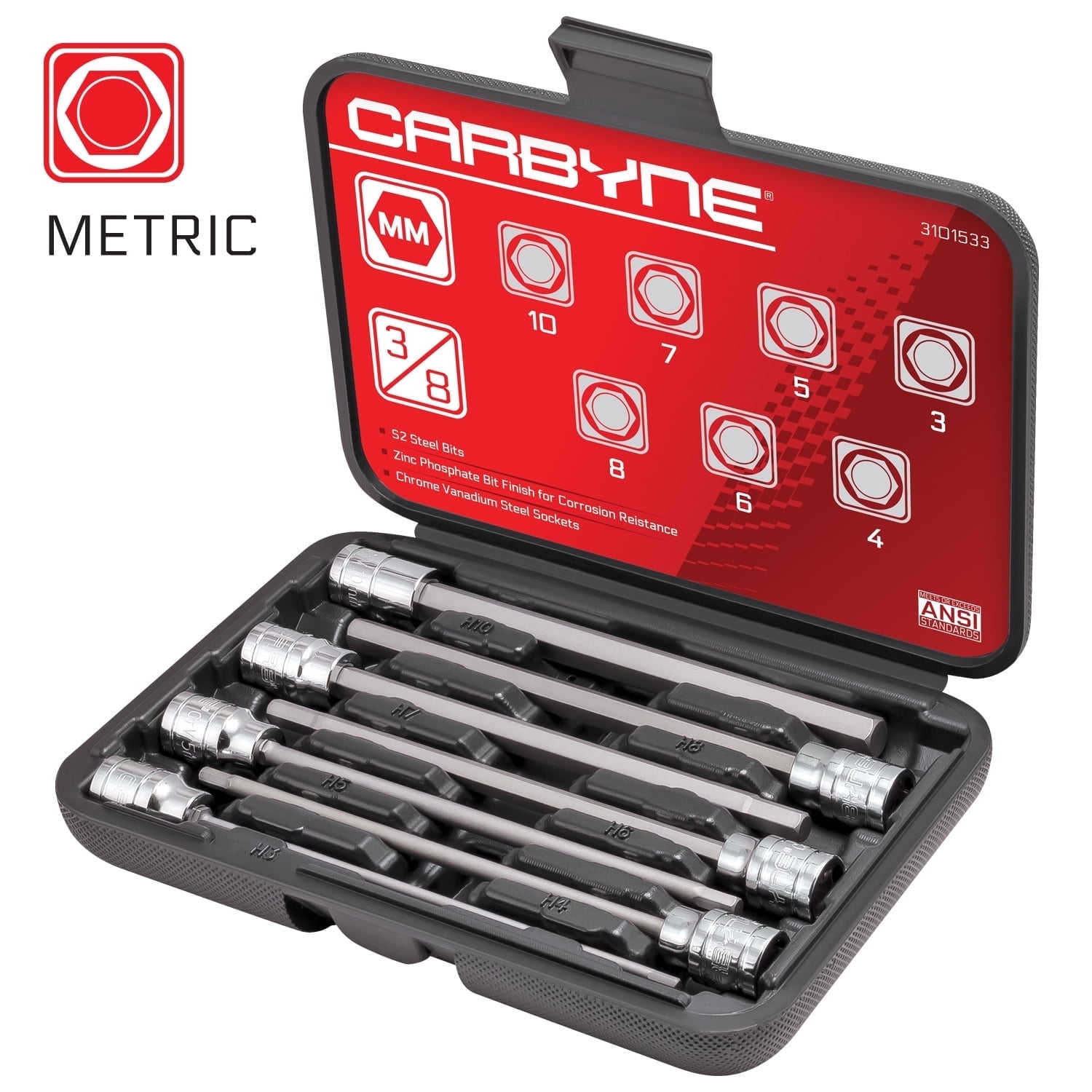 Carbyne 7-Piece Extra Long Hex Bit Socket Set, 3/8 in Drive, Metric Sizes (3mm to 10mm) cf4ct