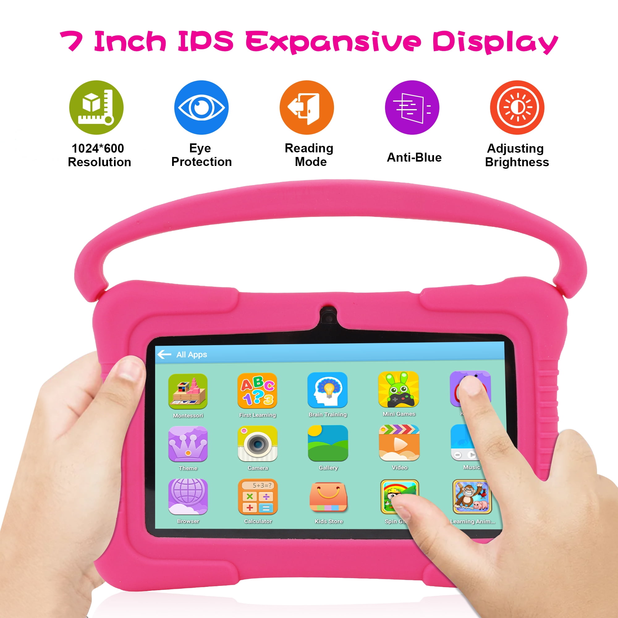 Veidoo Kids Tablet 32GB WiFi Android Learning Device with Silicone Case and Parental Controls (Pink, 7 in) 91xu6